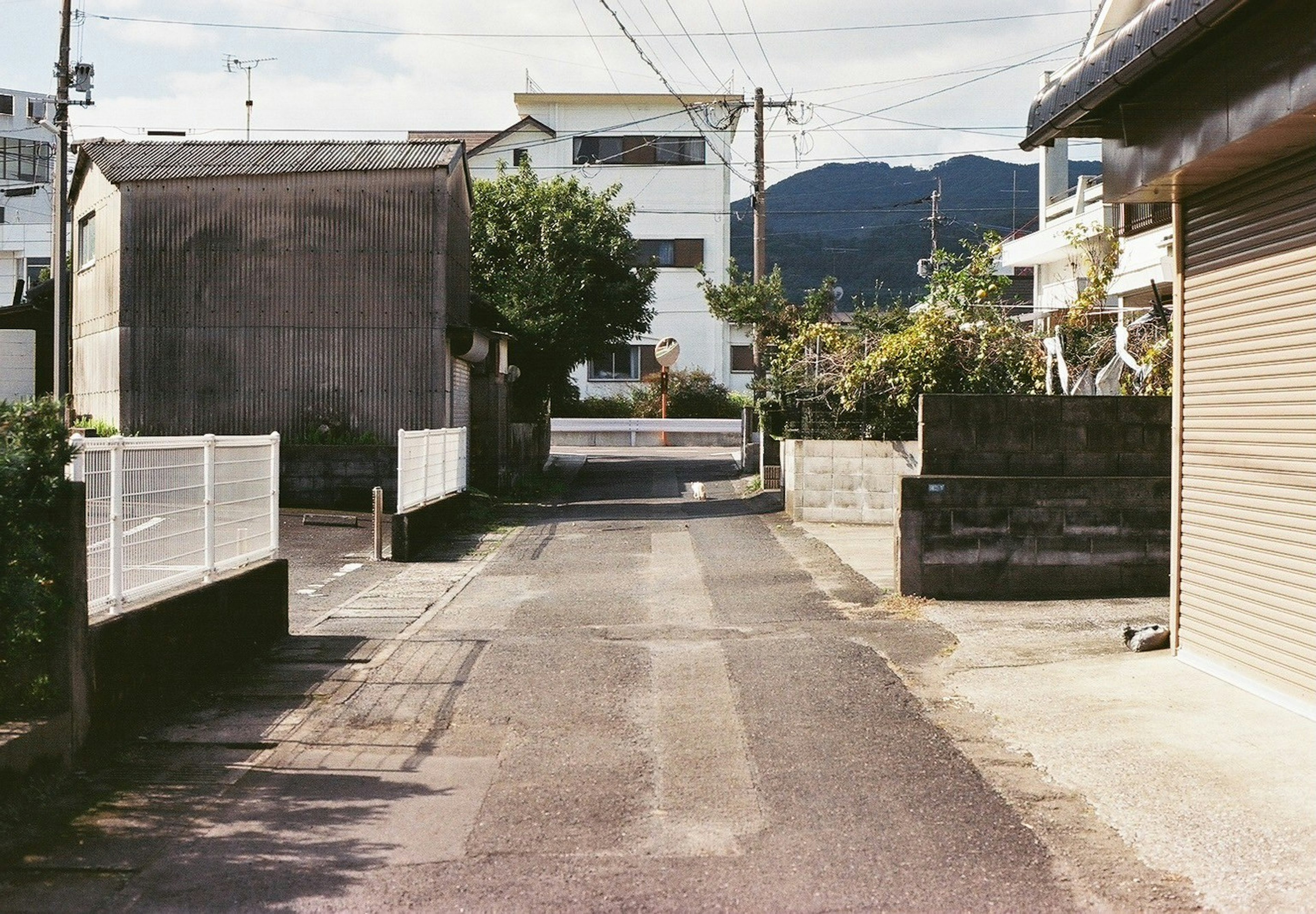 Quiet scene featuring a narrow alley and residential buildings