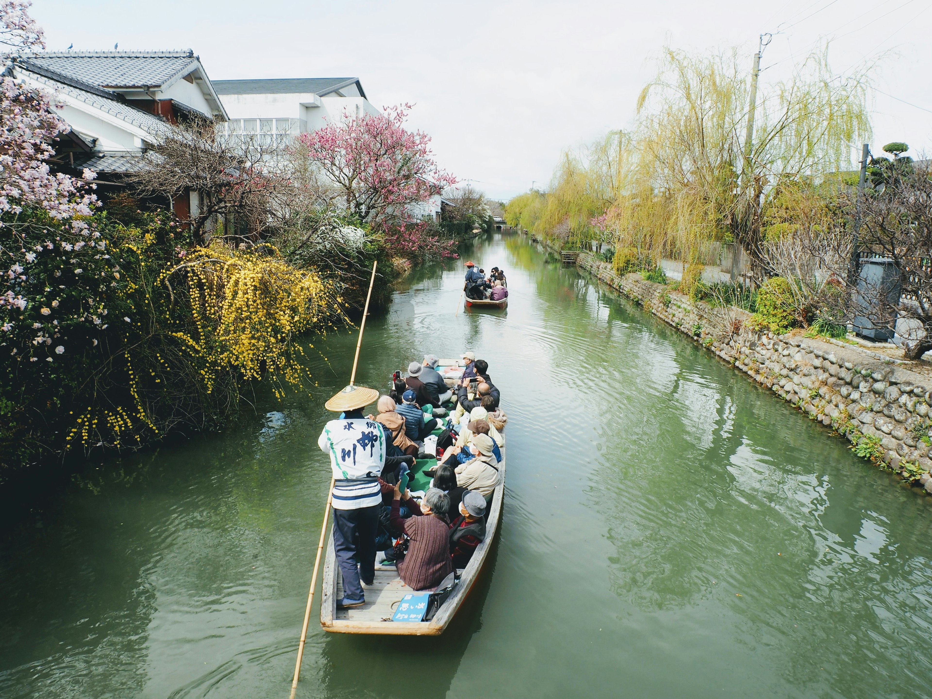 A boat navigating through a spring canal surrounded by blooming flowers