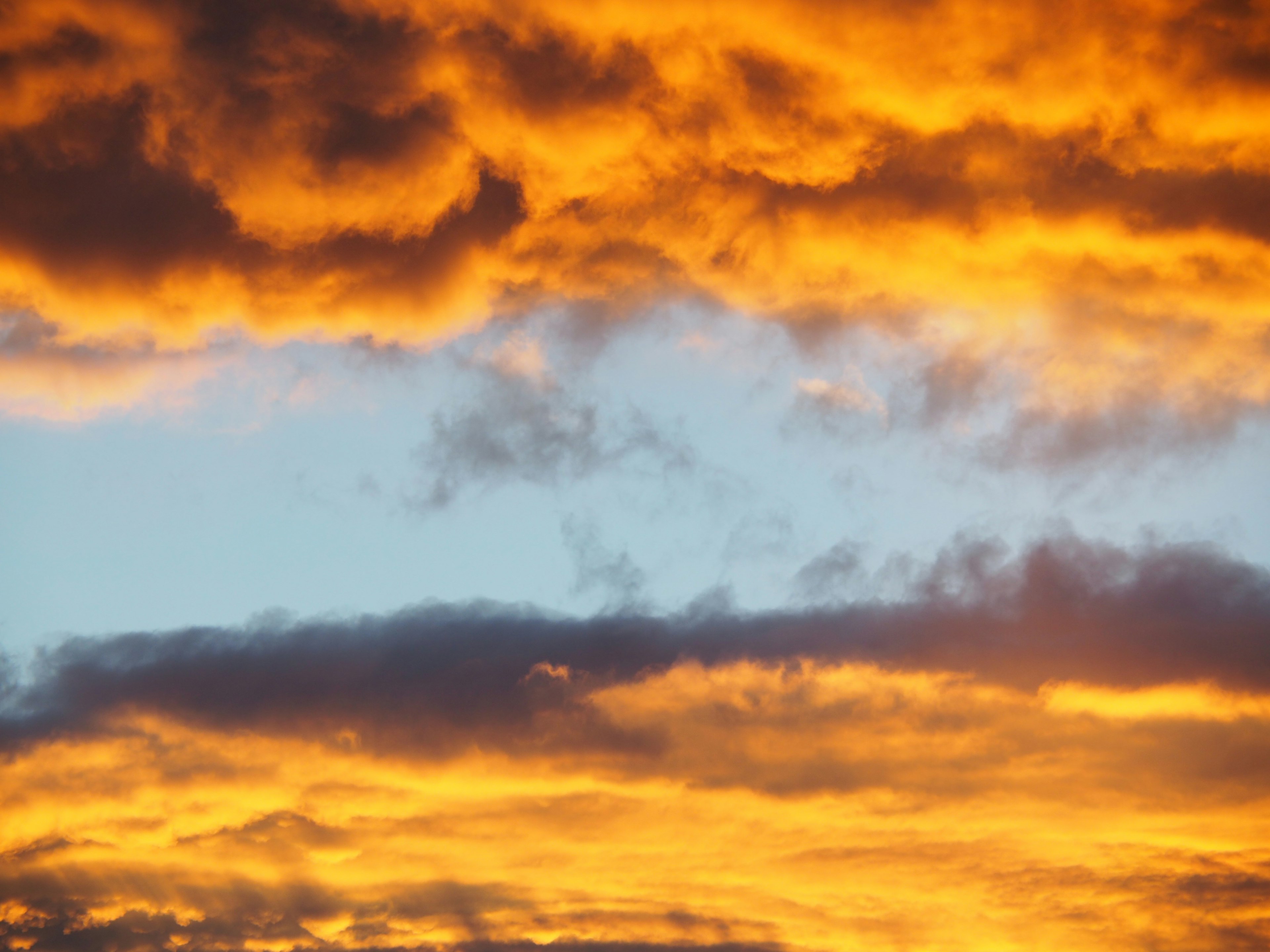 オレンジ色と青色の夕焼けの空に広がる雲