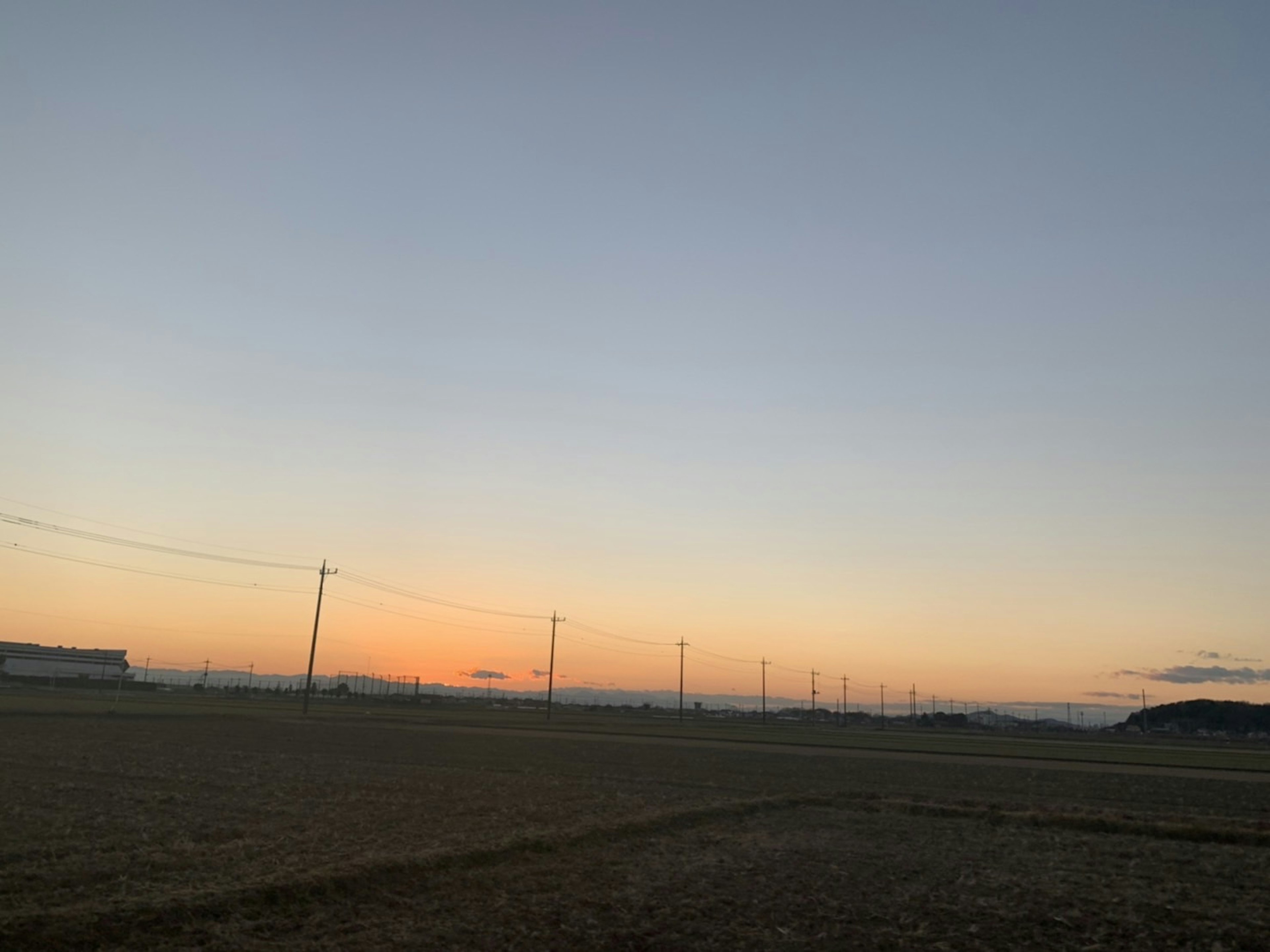 夕焼けの空と電柱が並ぶ田舎の風景