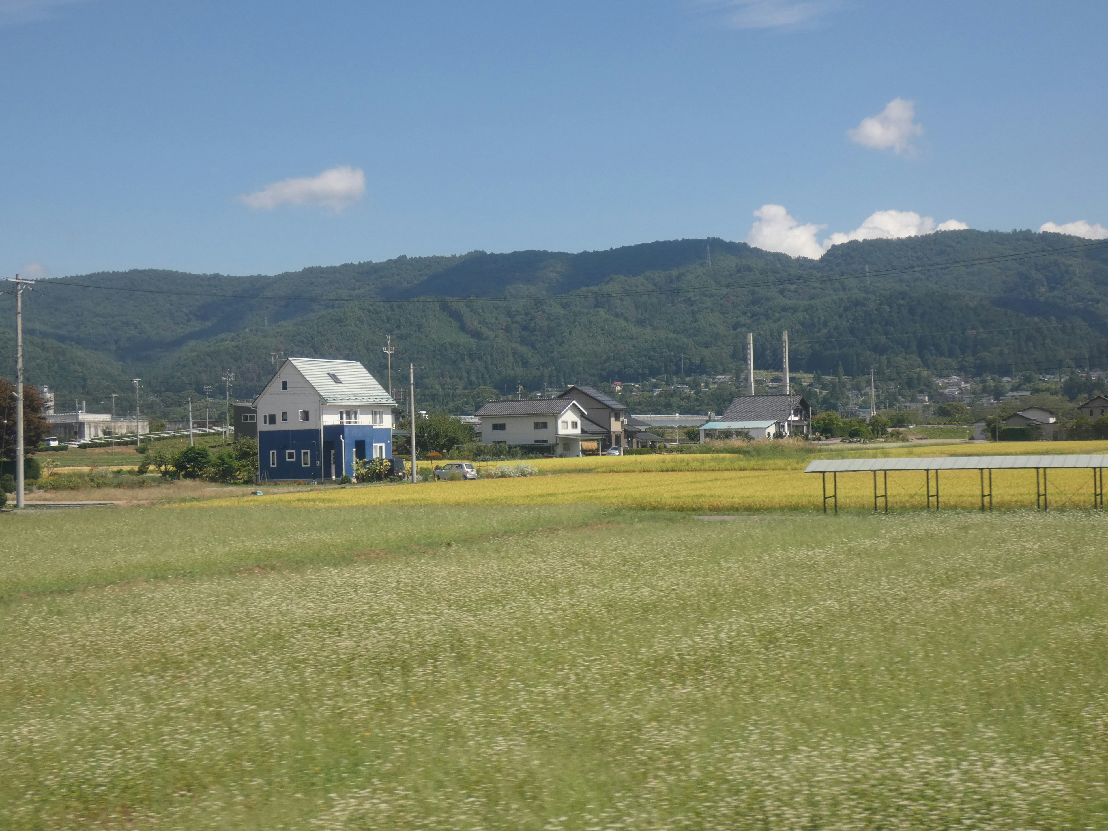 A blue house with a green field and mountains in the background