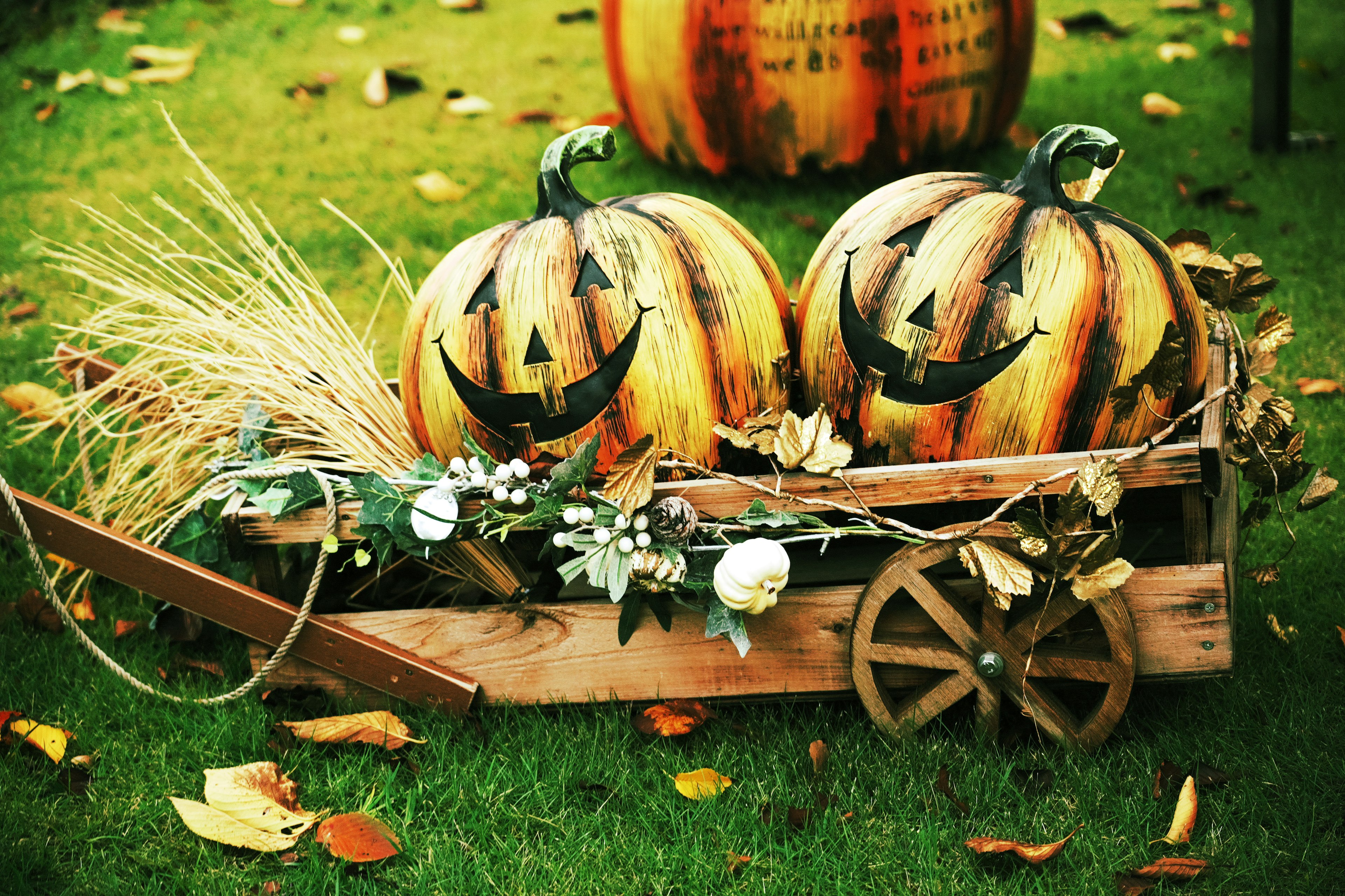 Lächelnde Halloween-Kürbisse in einem Holzwagen dekoriert mit Blumen und Gras