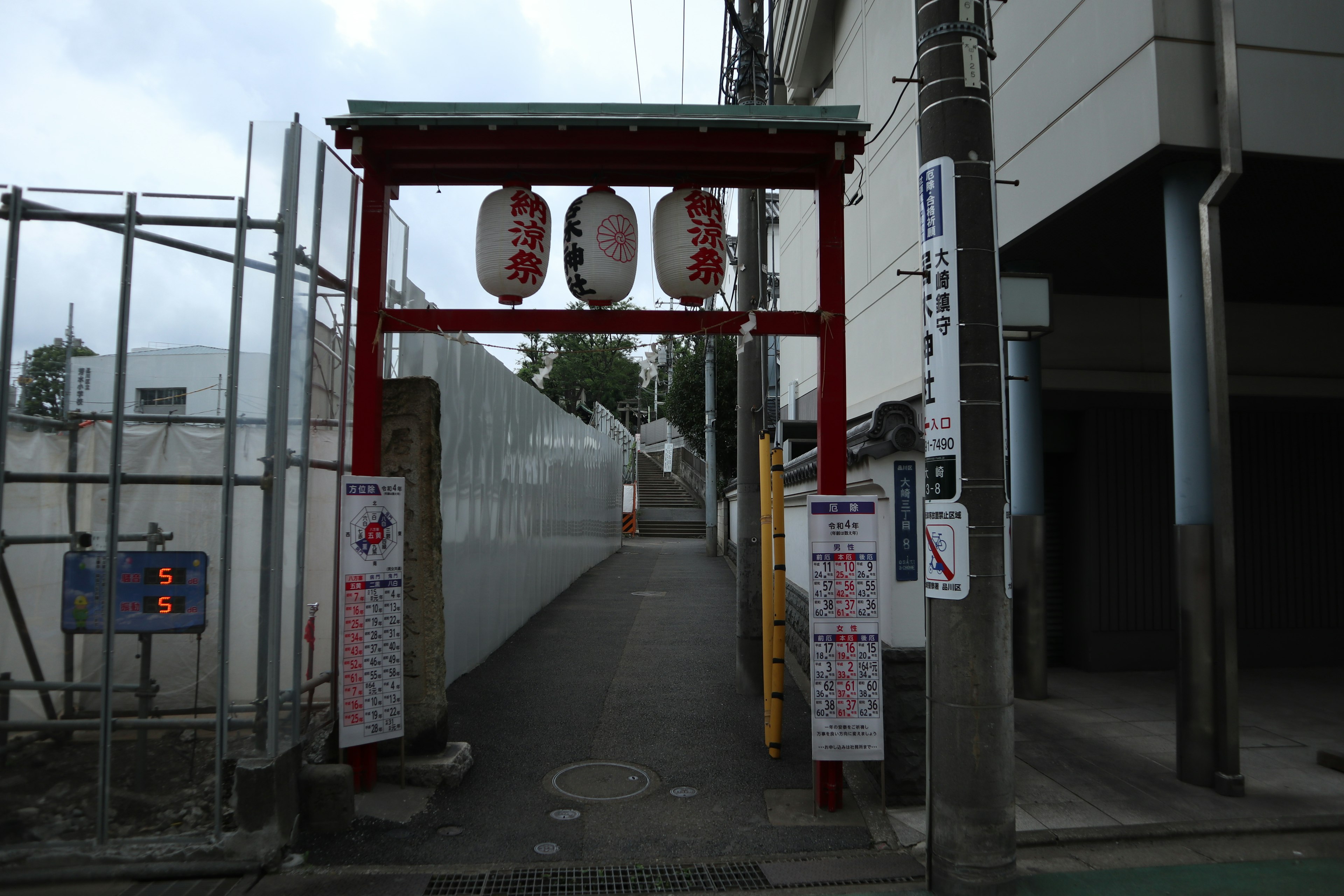 Entrée d'une ruelle étroite avec un torii rouge et des lanternes