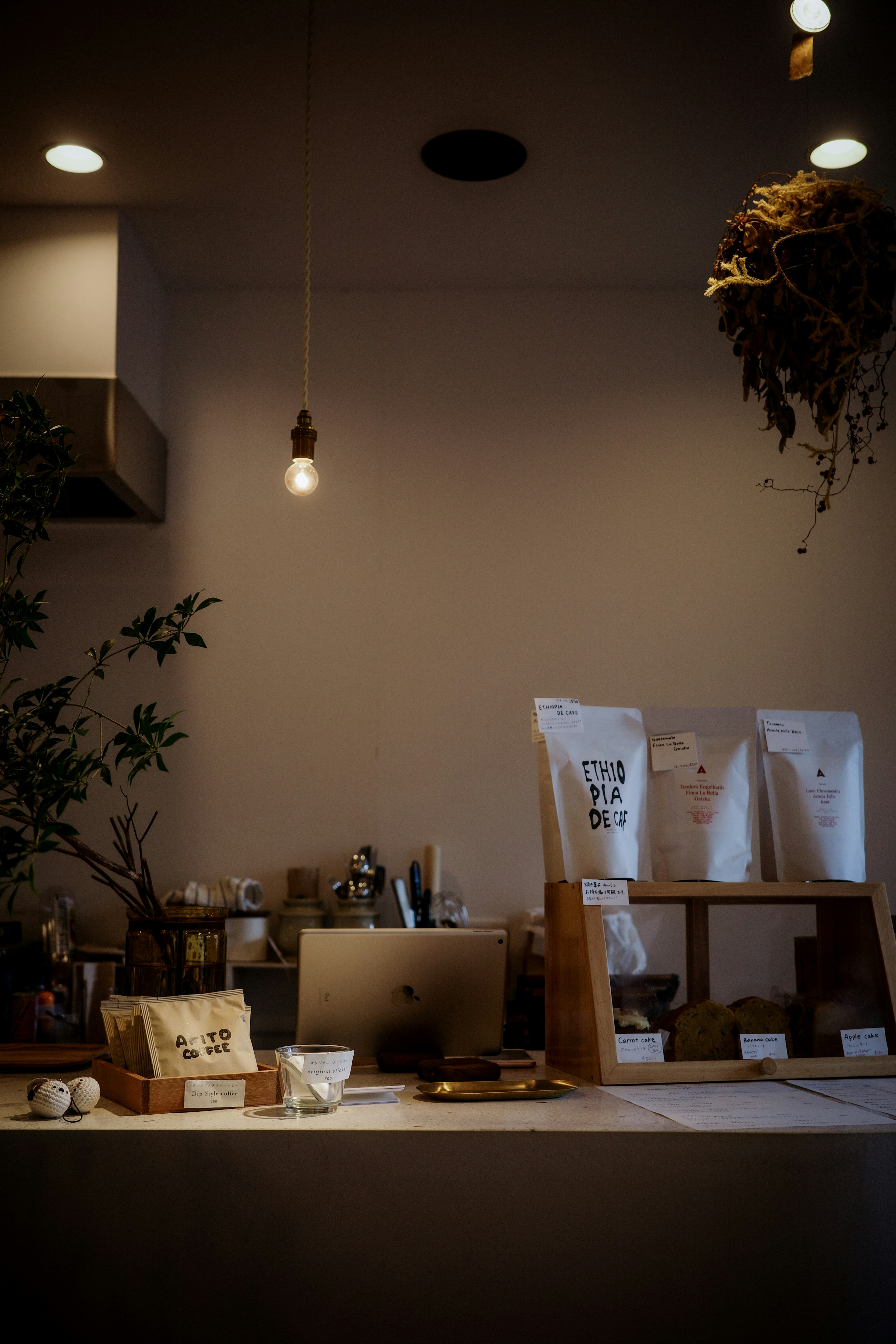 Interno di un caffè accogliente con un bancone e un'esposizione di prodotti