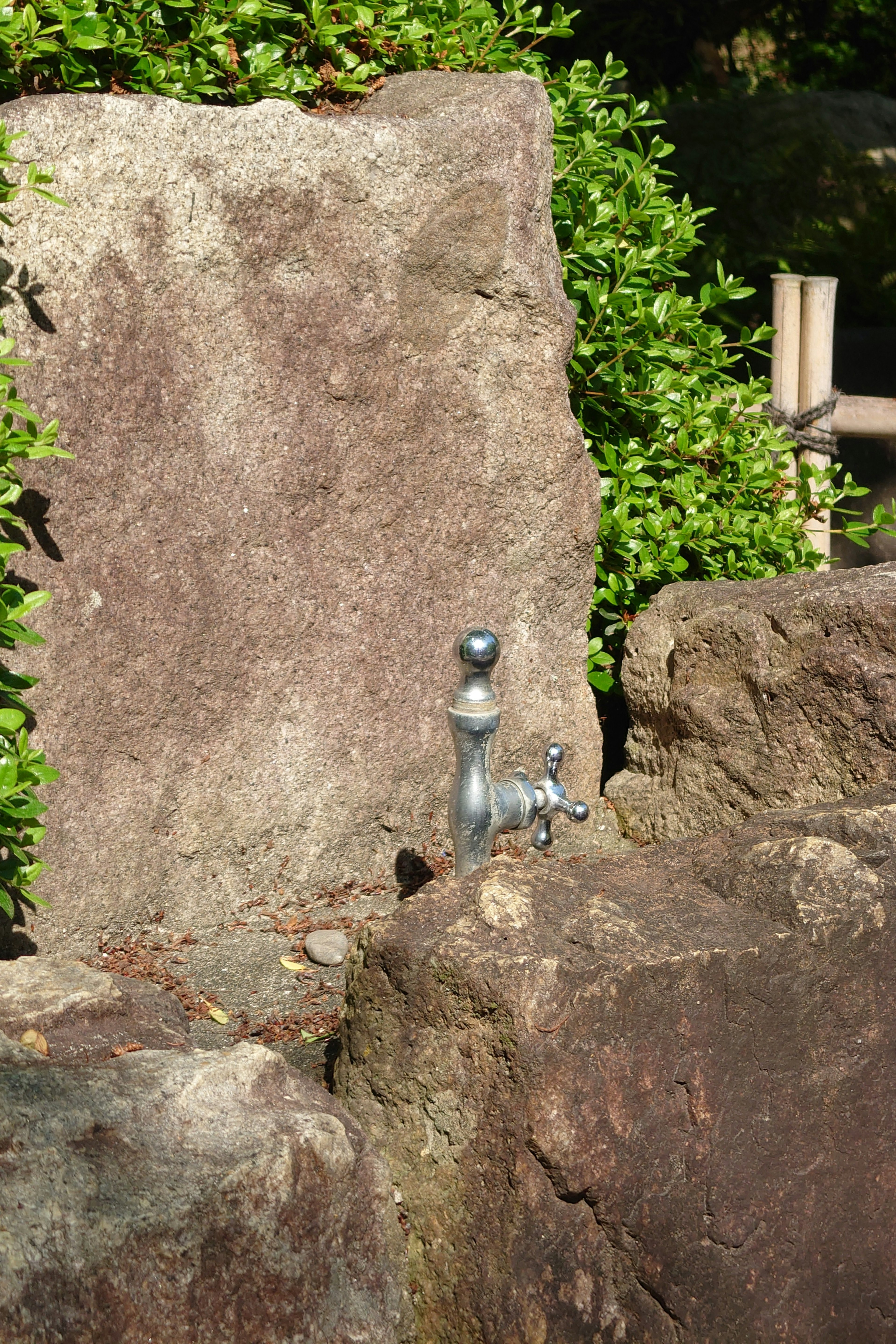 Figurine argentée d'une personne et d'un chien sur une roche entourée de verdure dans un cadre naturel