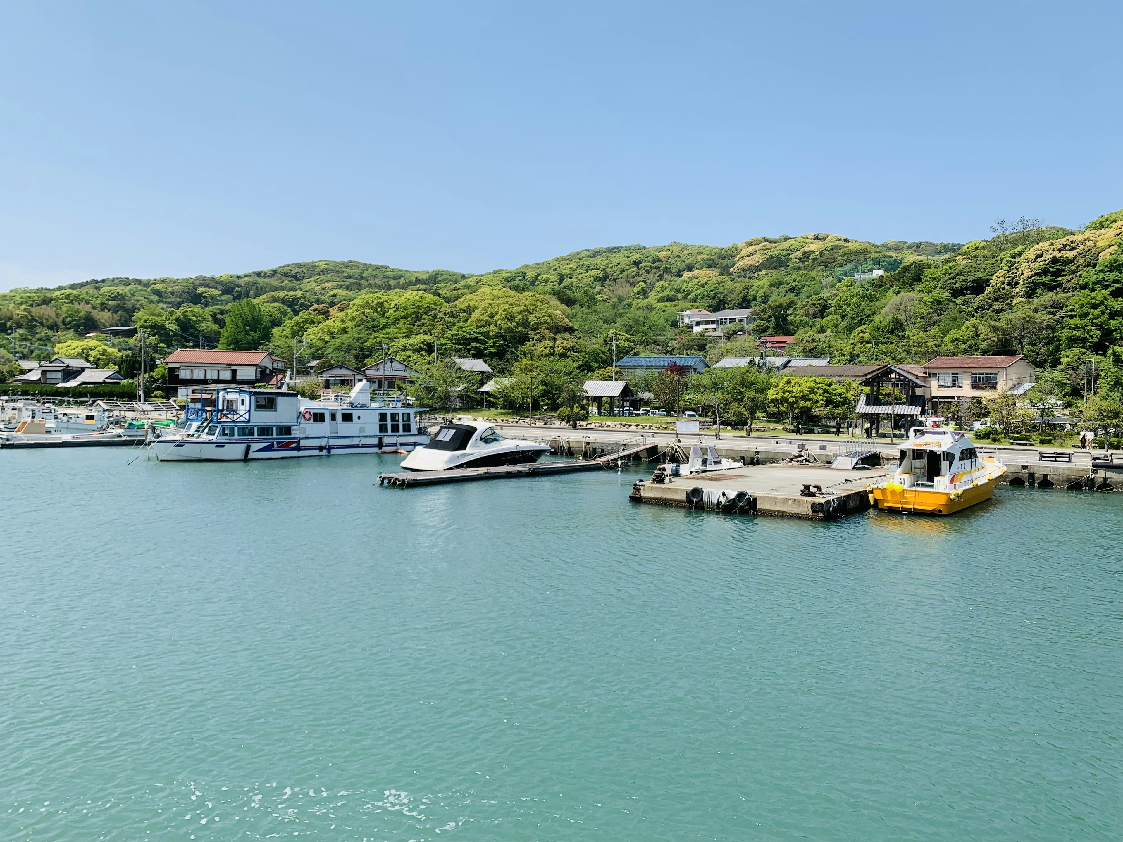 ทิวทัศน์ท่าเรือที่เงียบสงบพร้อมเรือจอดอยู่และเนินเขาที่เขียวขจีในพื้นหลัง