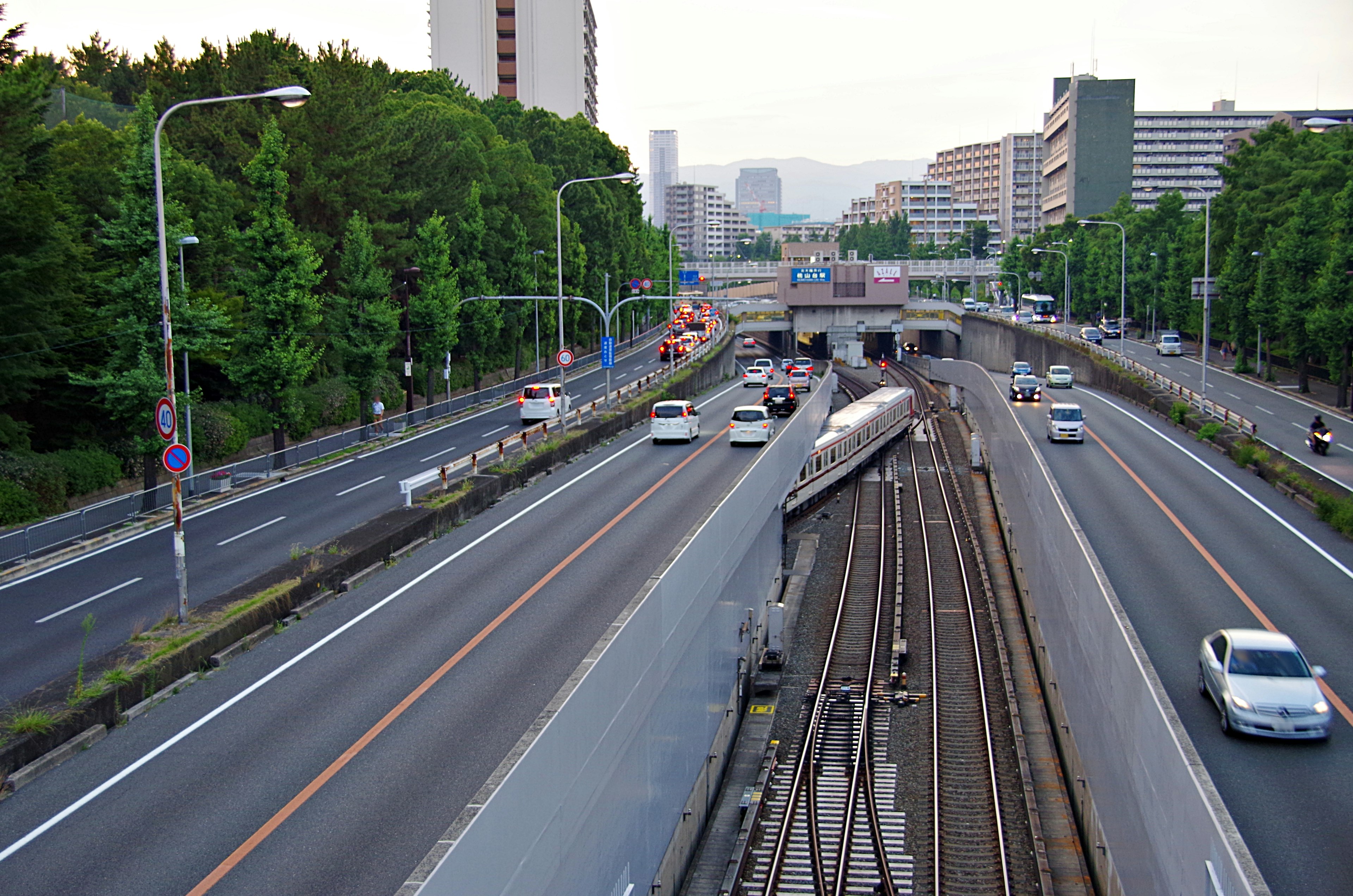 ทิวทัศน์เมืองที่มีถนนยกระดับและทางรถไฟตัดกัน ต้นไม้เขียวขจีและตึกสูง