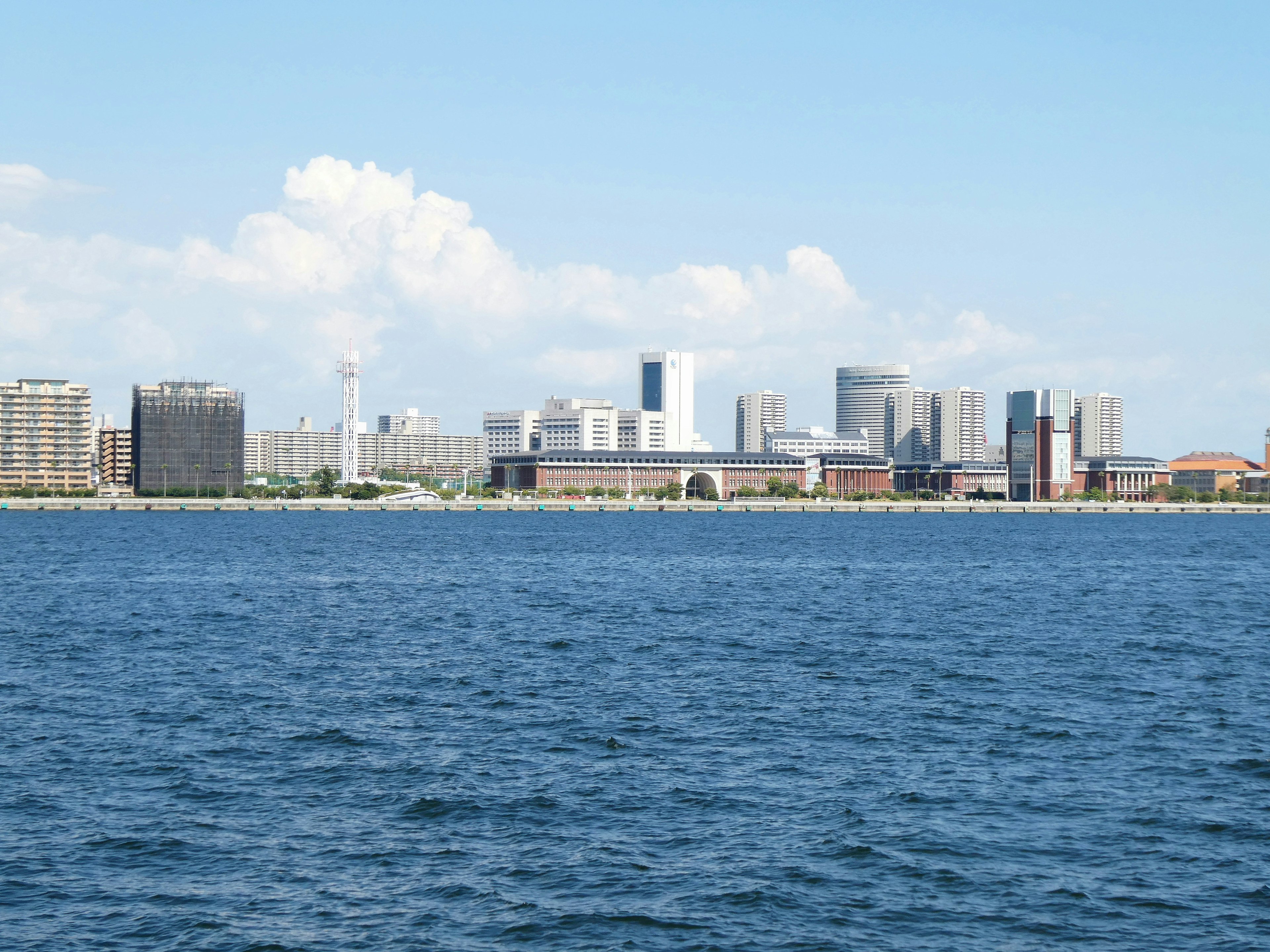 都市のスカイラインと青い海の景色