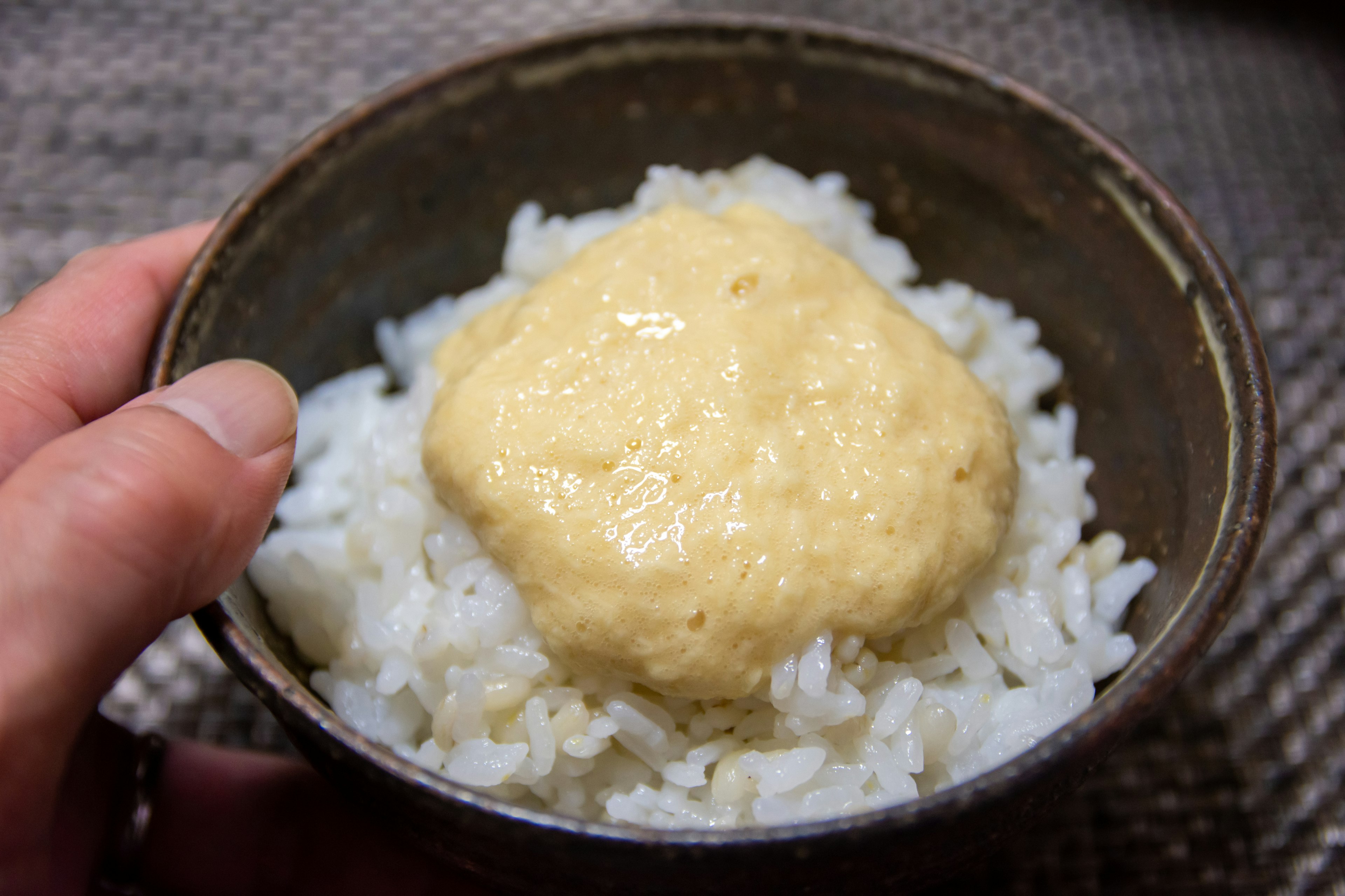 A hand holding a brown bowl with creamy condiment on top of white rice