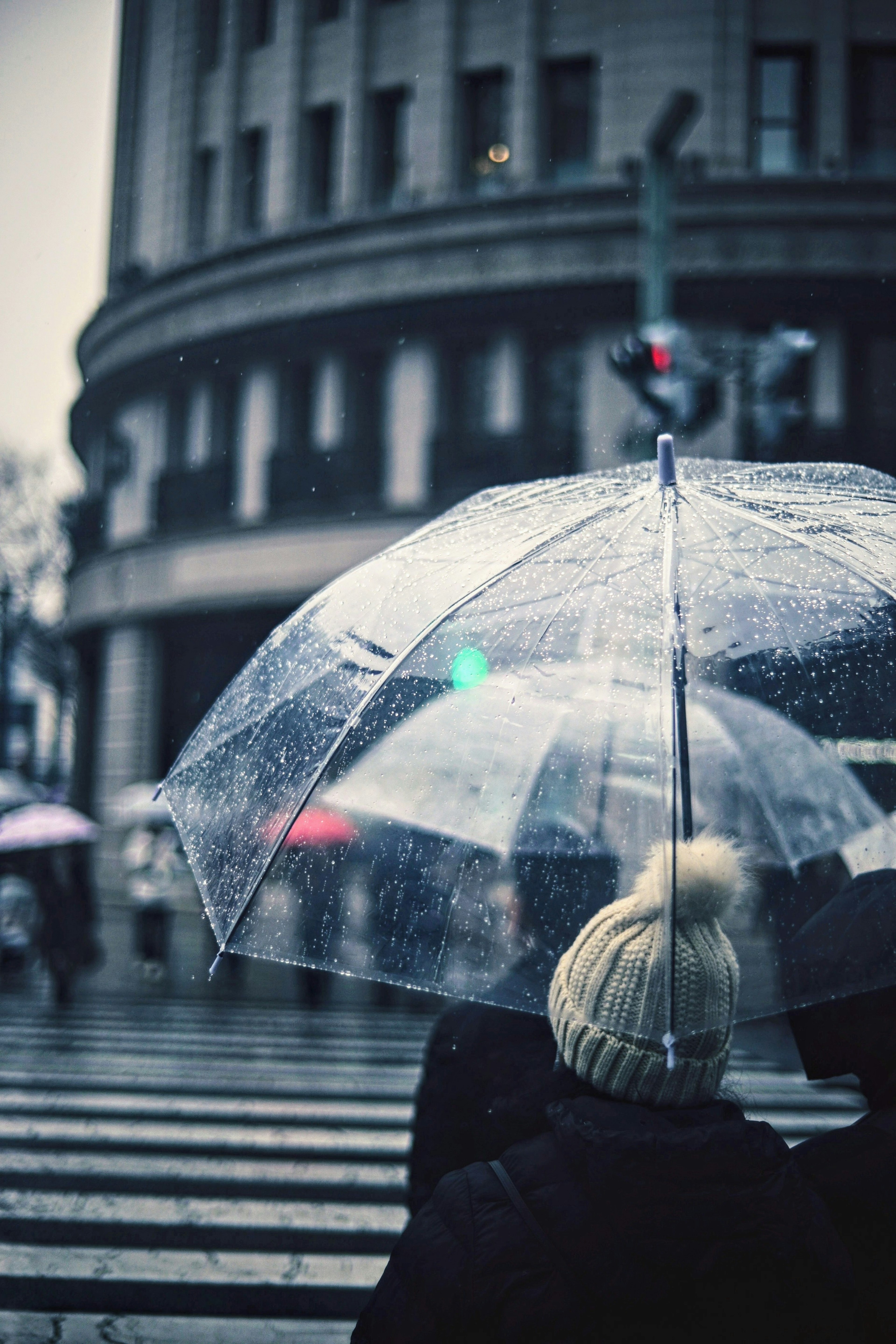 Person holding a transparent umbrella in the rain at a crosswalk