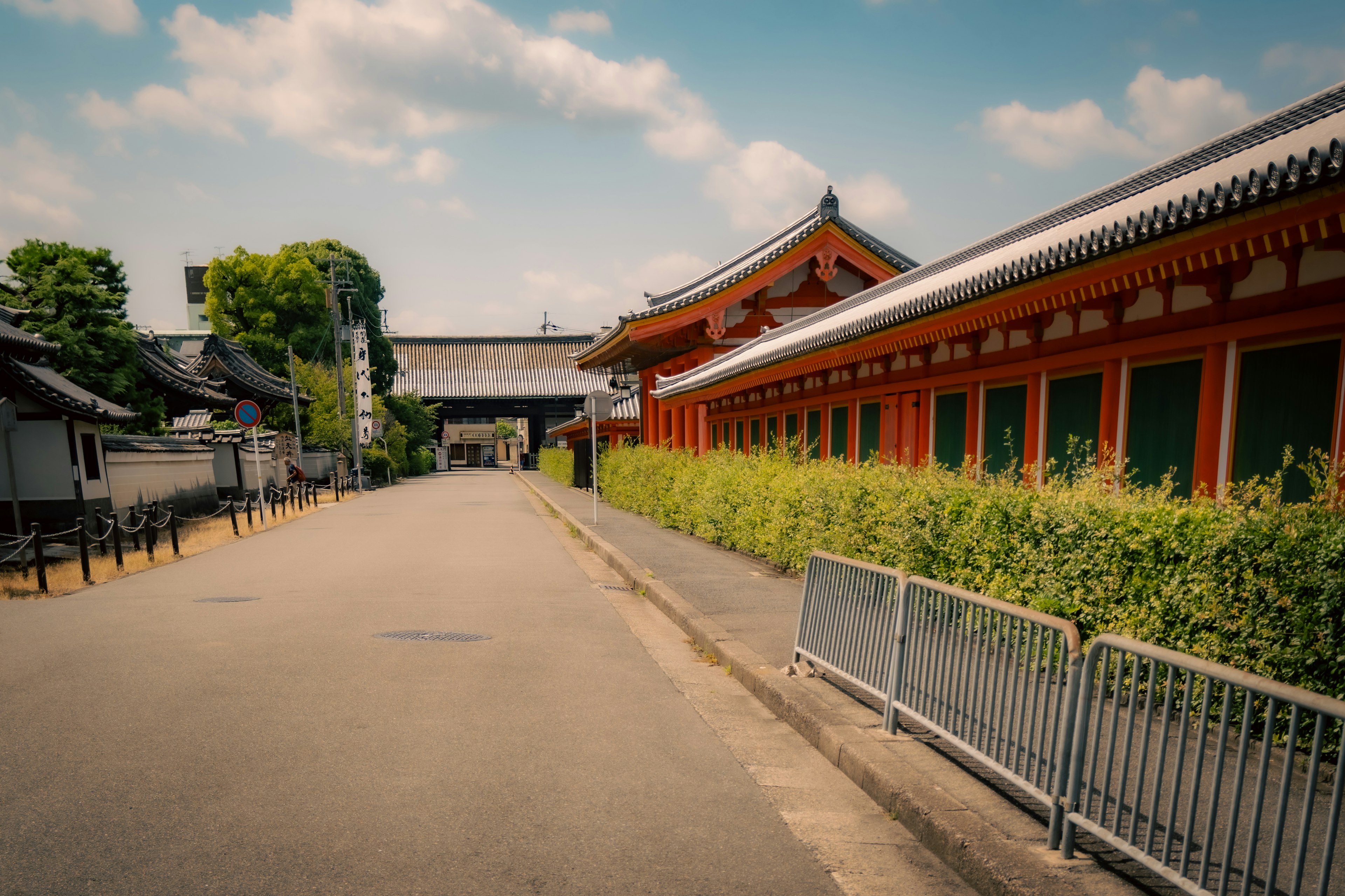 静かな通りに沿った伝統的な建物と緑の植え込み