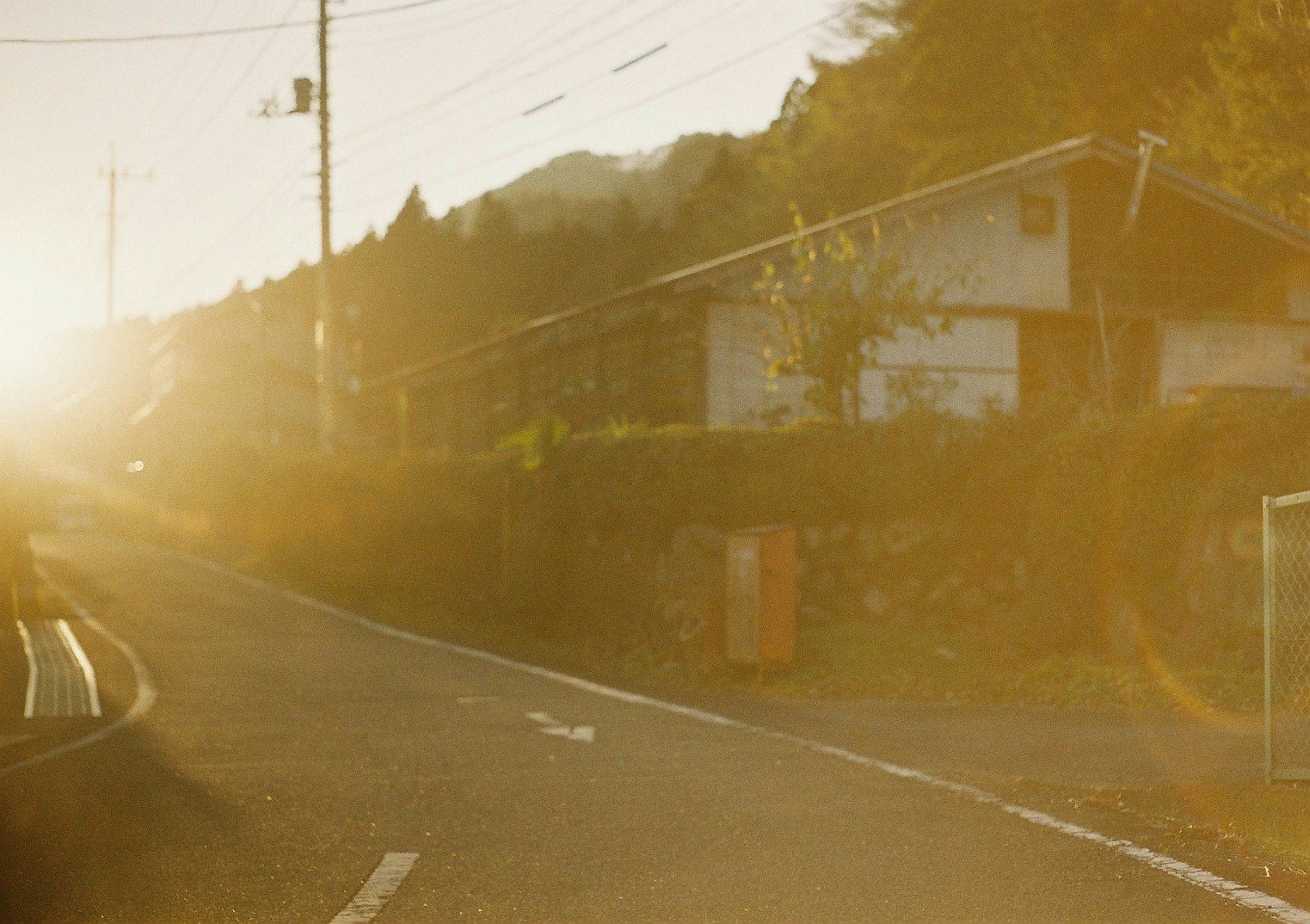 Quiet rural road and houses with sunset backdrop