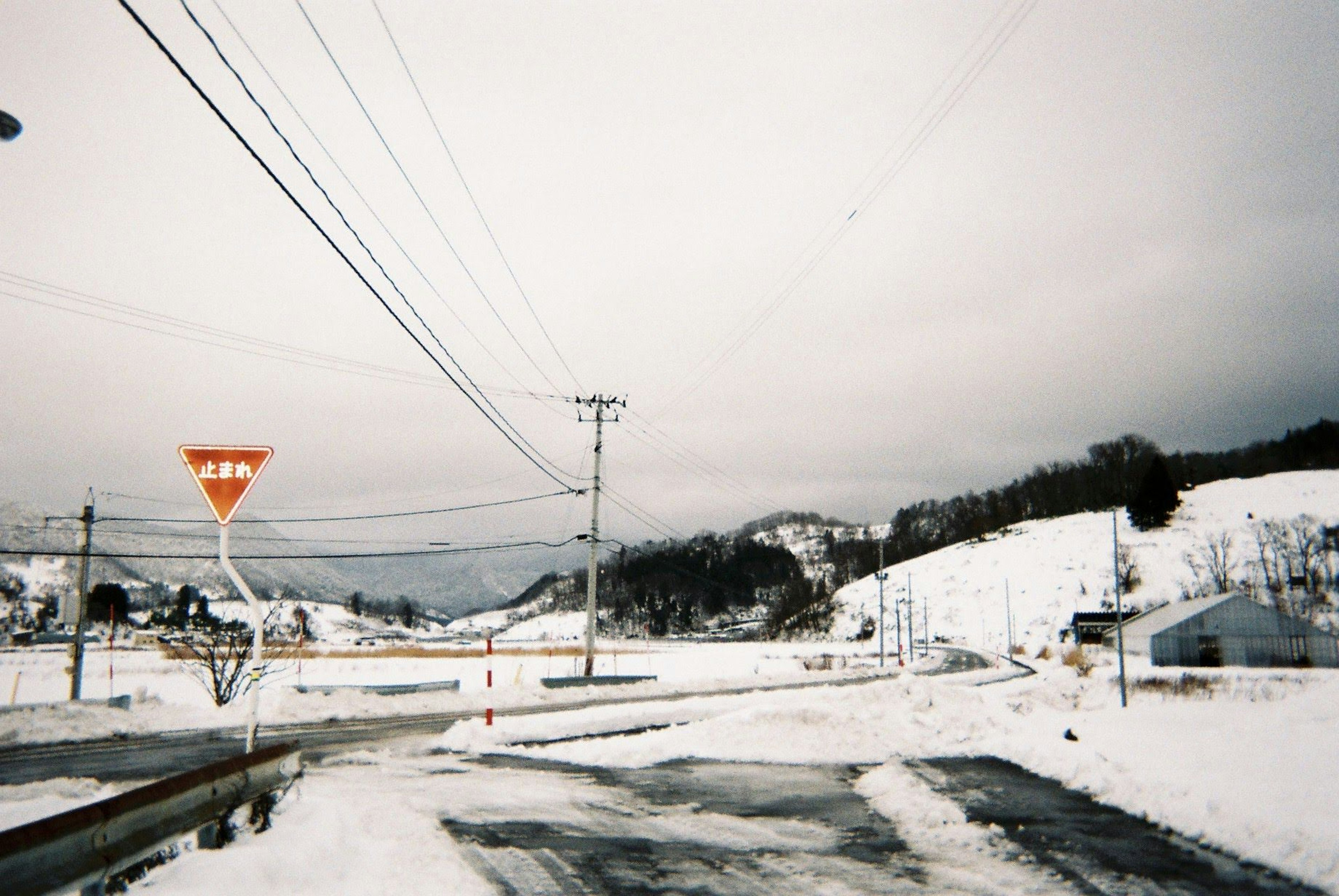 被雪覆盖的道路与电线和让行标志