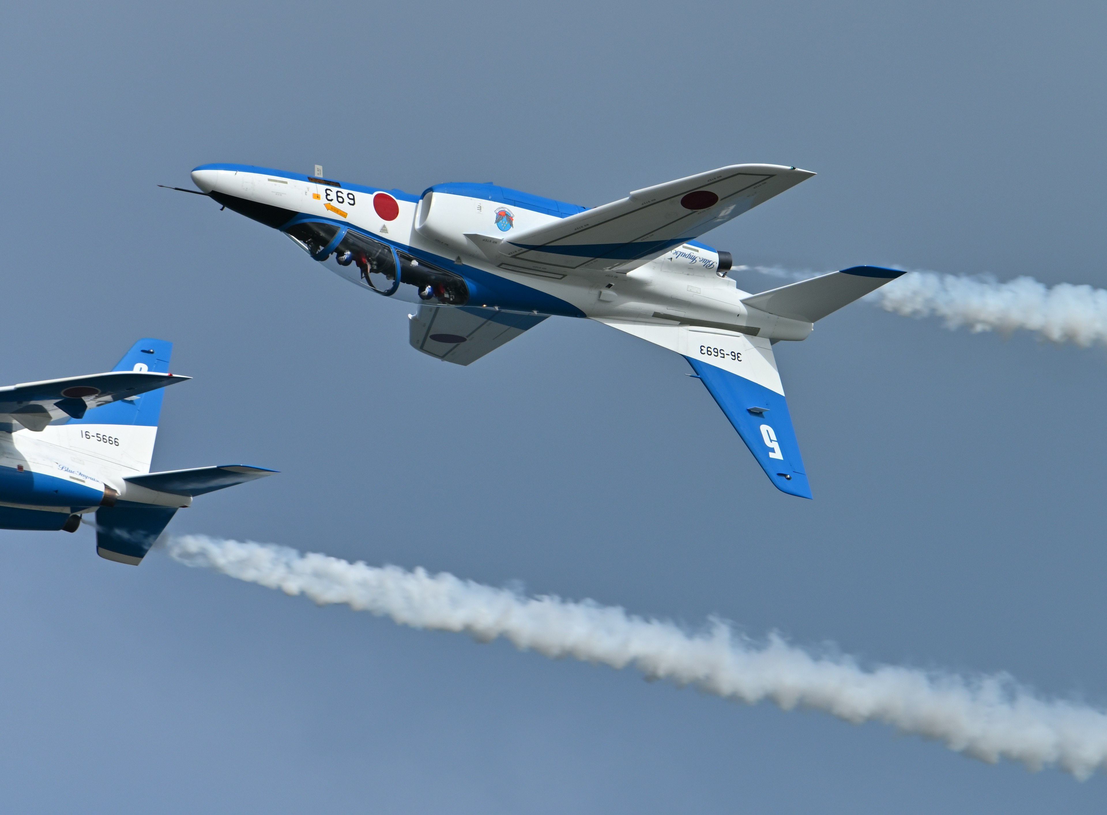 Avión azul y blanco realizando maniobras aéreas