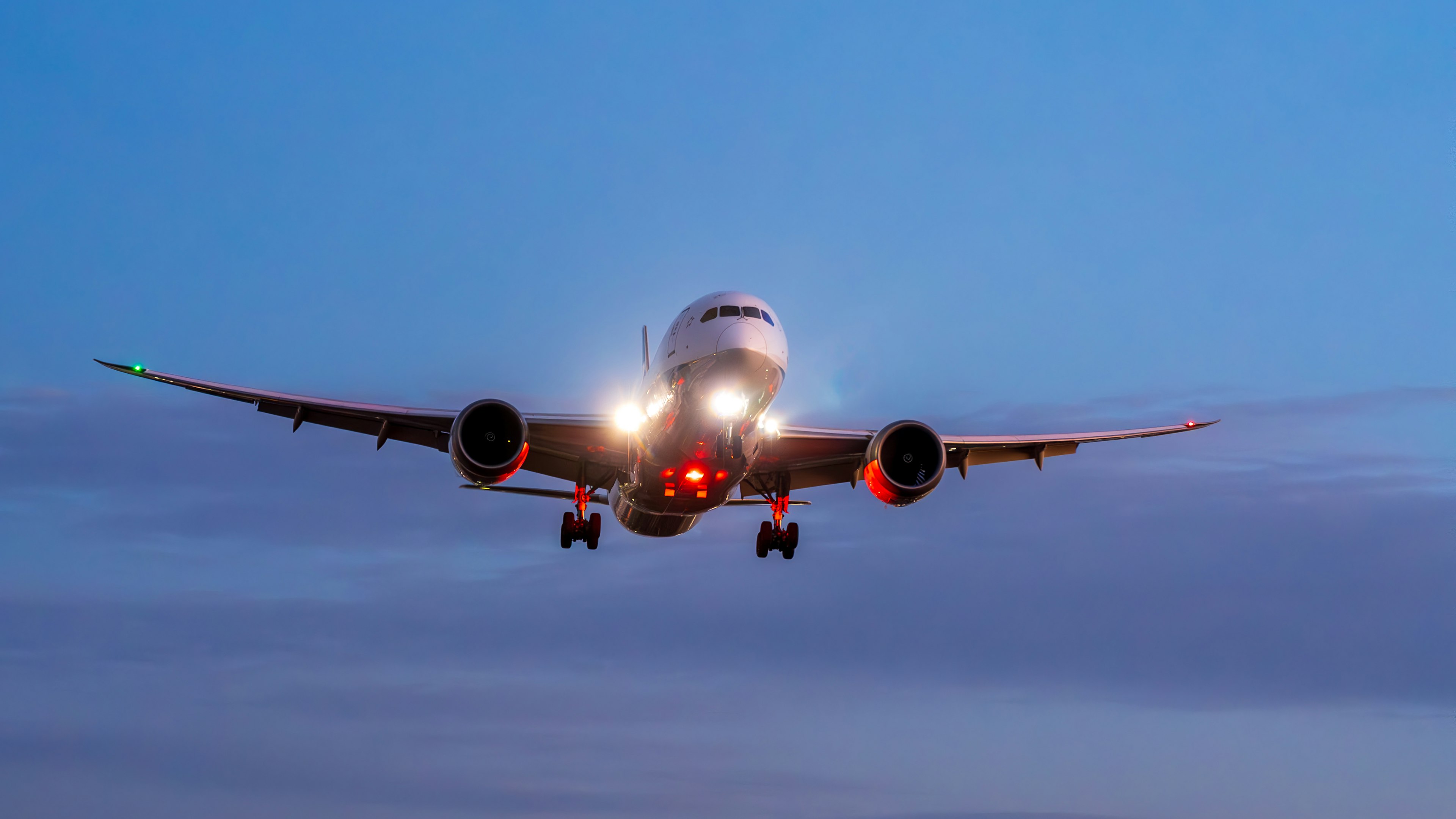 Airplane landing against a blue sky backdrop