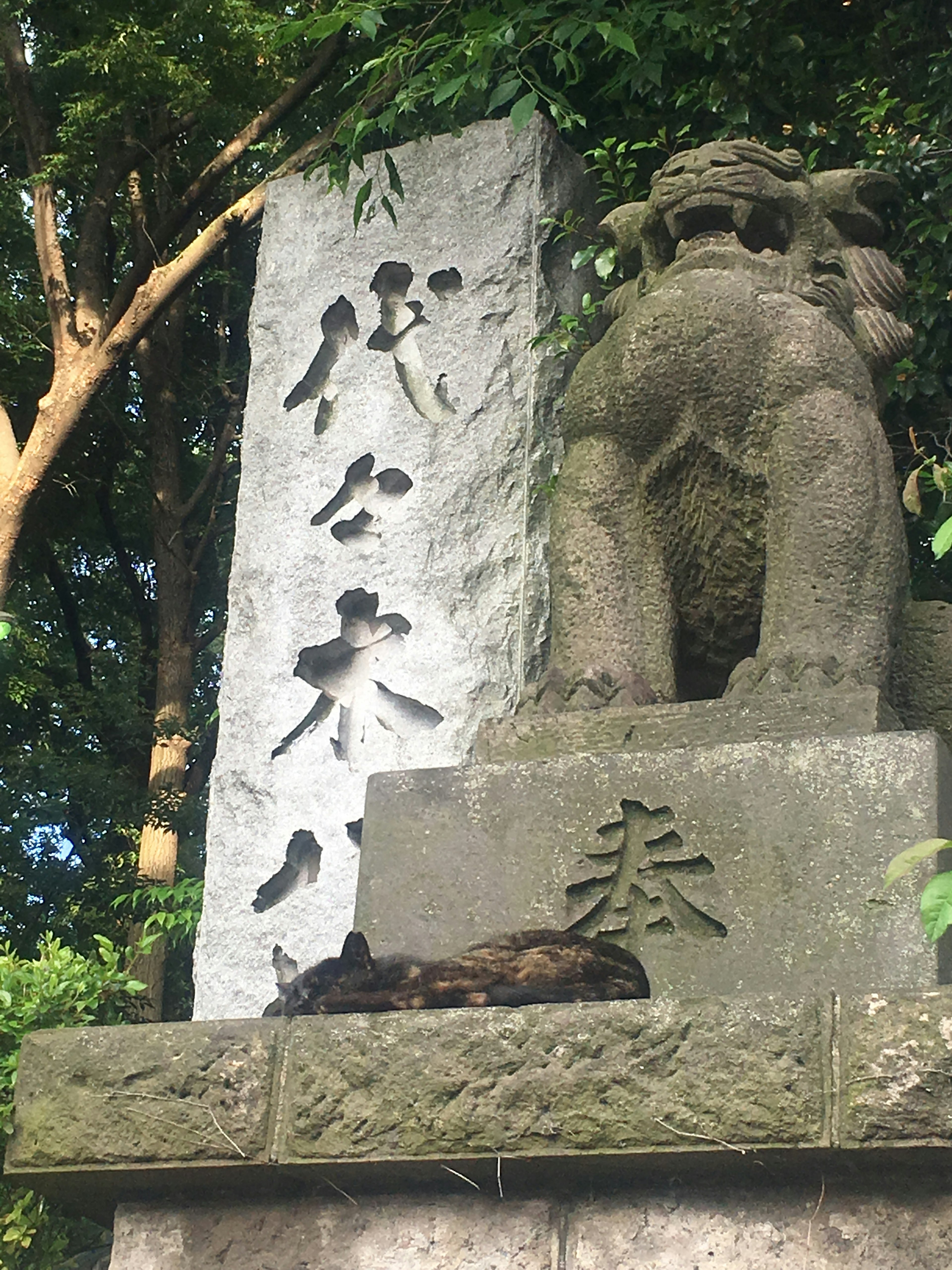 Seekor kucing hitam tidur di samping singa penjaga batu dan prasasti di monumen batu