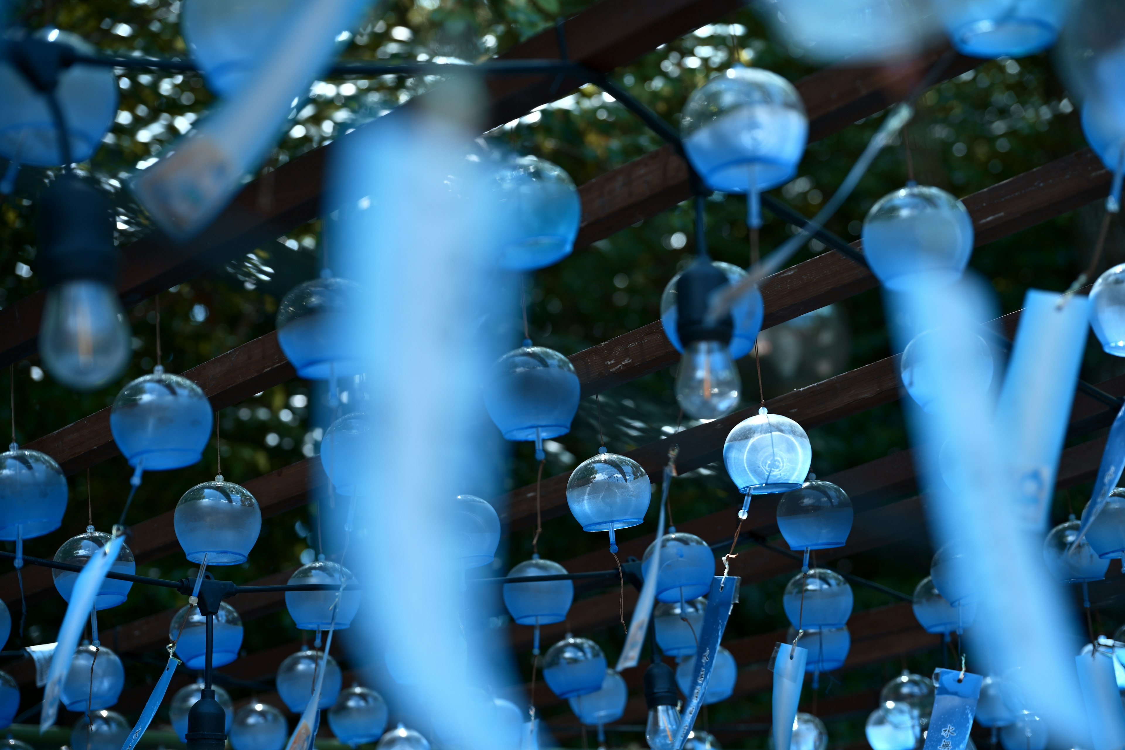 Una scena con campane a vento blu appese