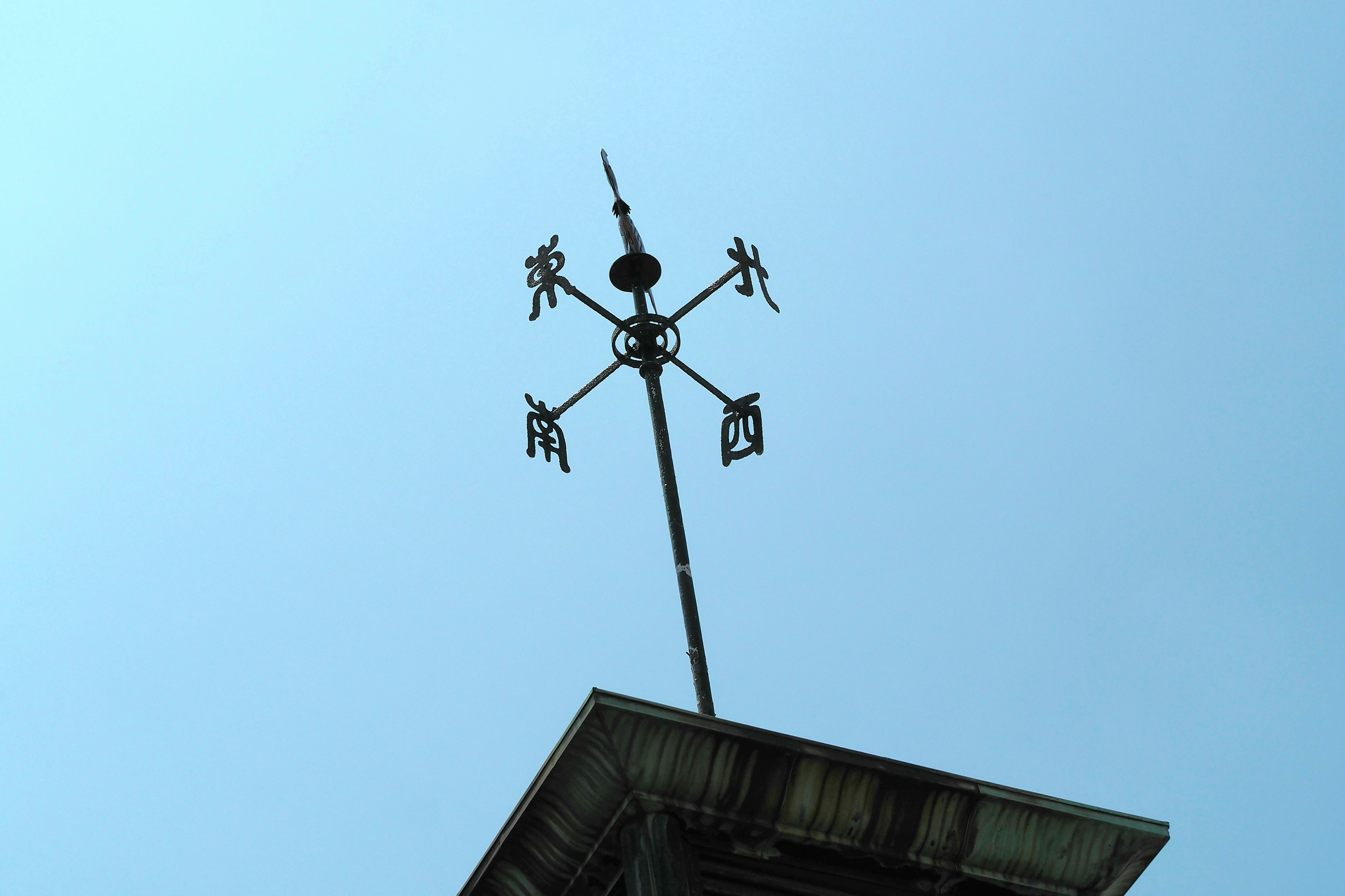 Weather vane on top of a building against a blue sky