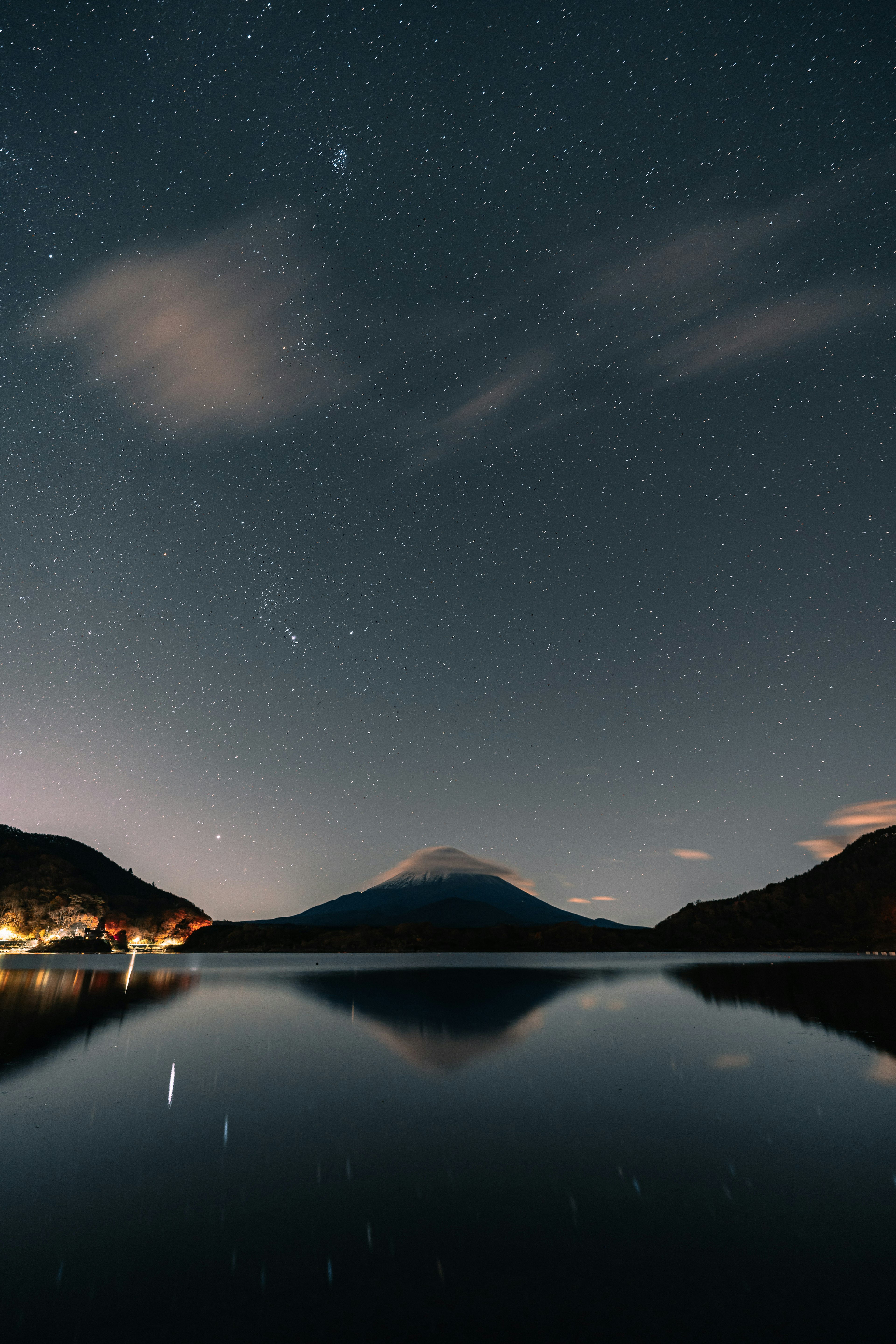 Scenic view of a lake reflecting mountains and a starry sky