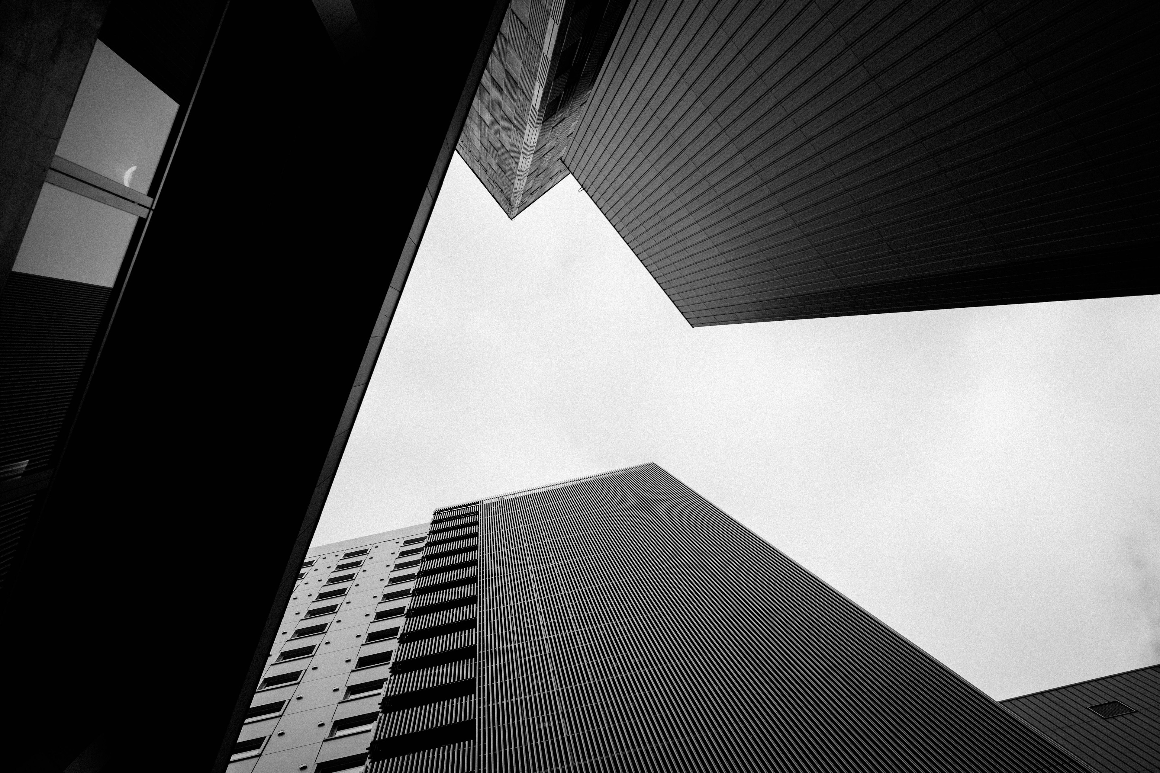 Black and white photo looking up between tall buildings