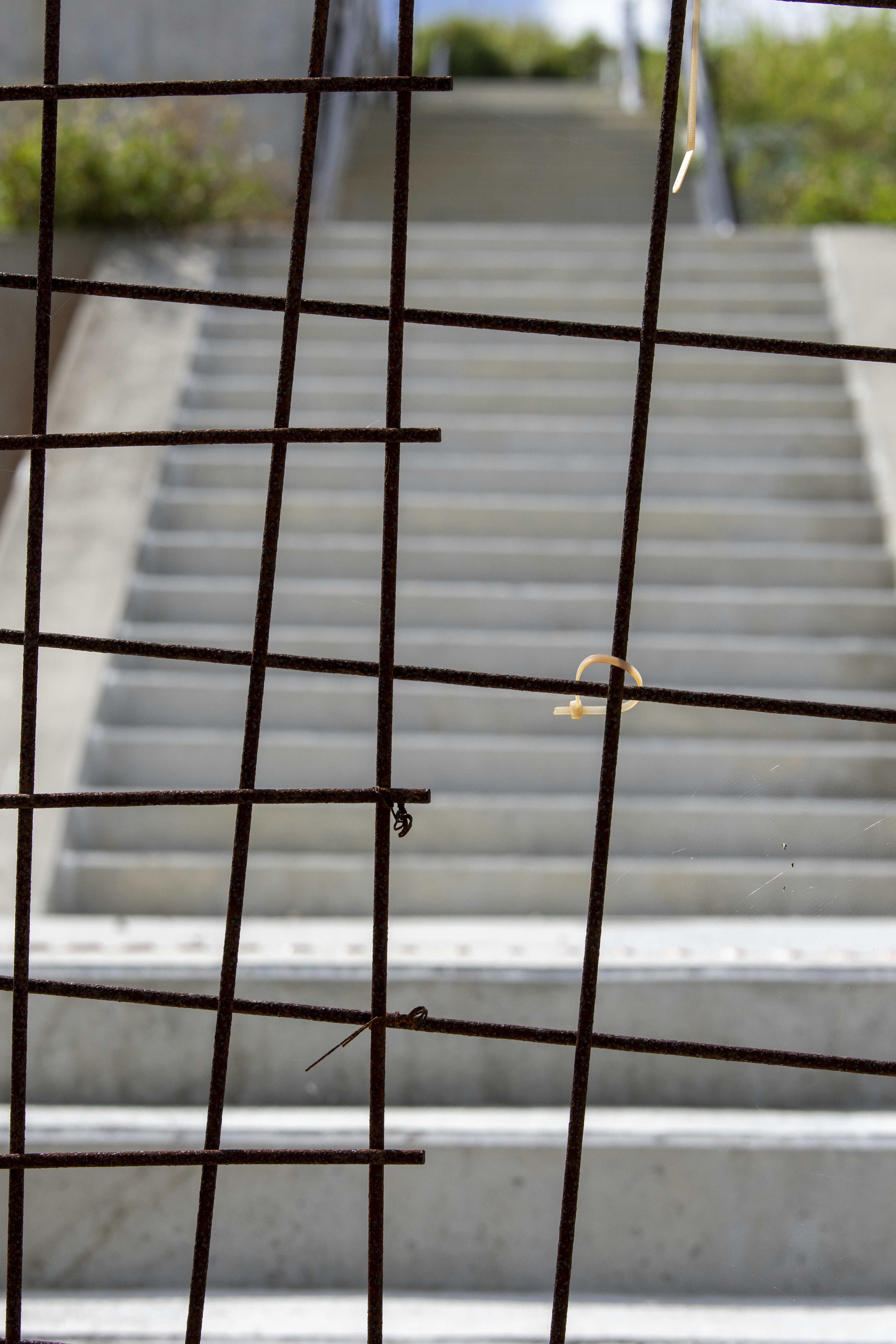 Image featuring a metal grid in the foreground with visible stairs