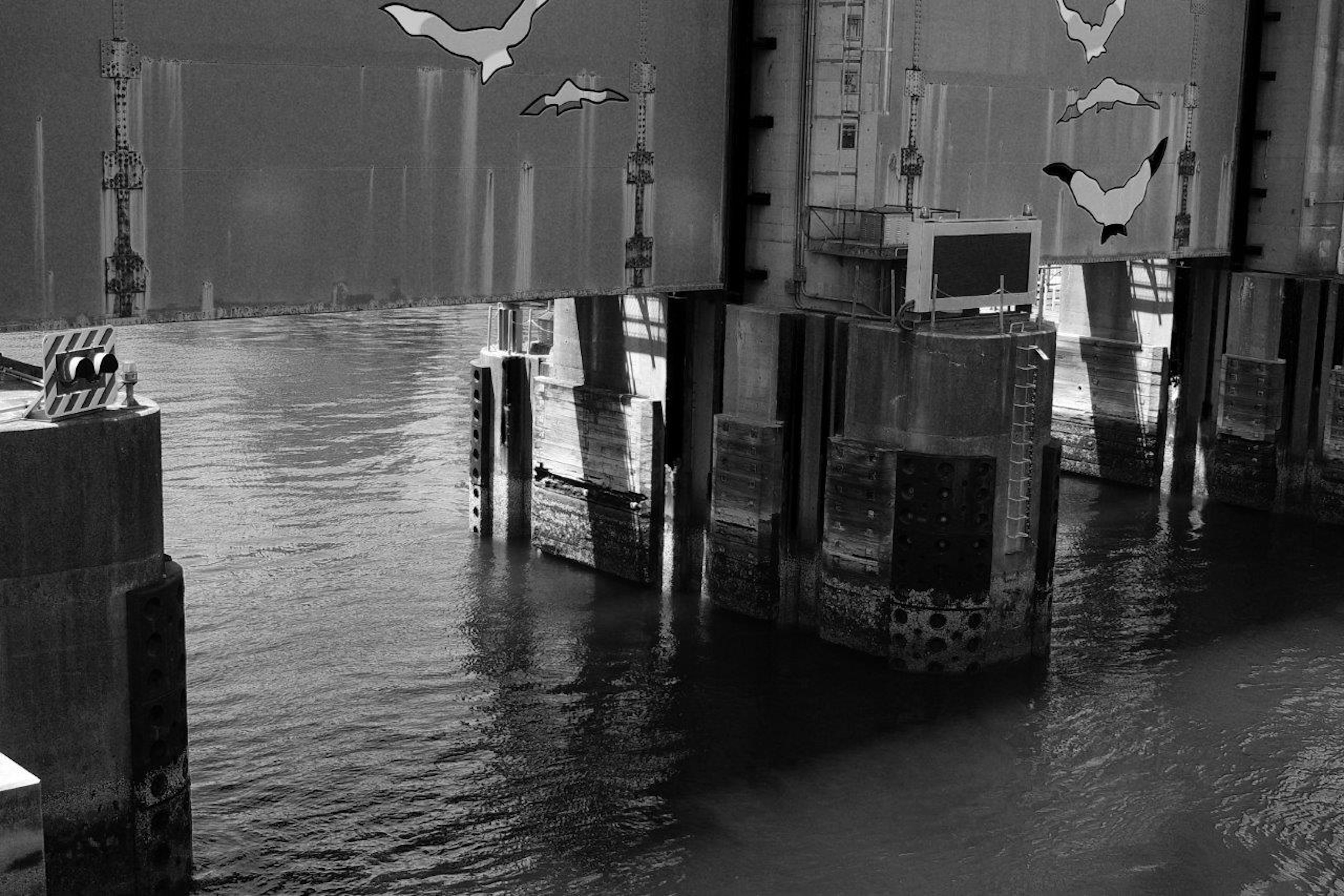 Contrast of bridge pillars and reflections on water surface