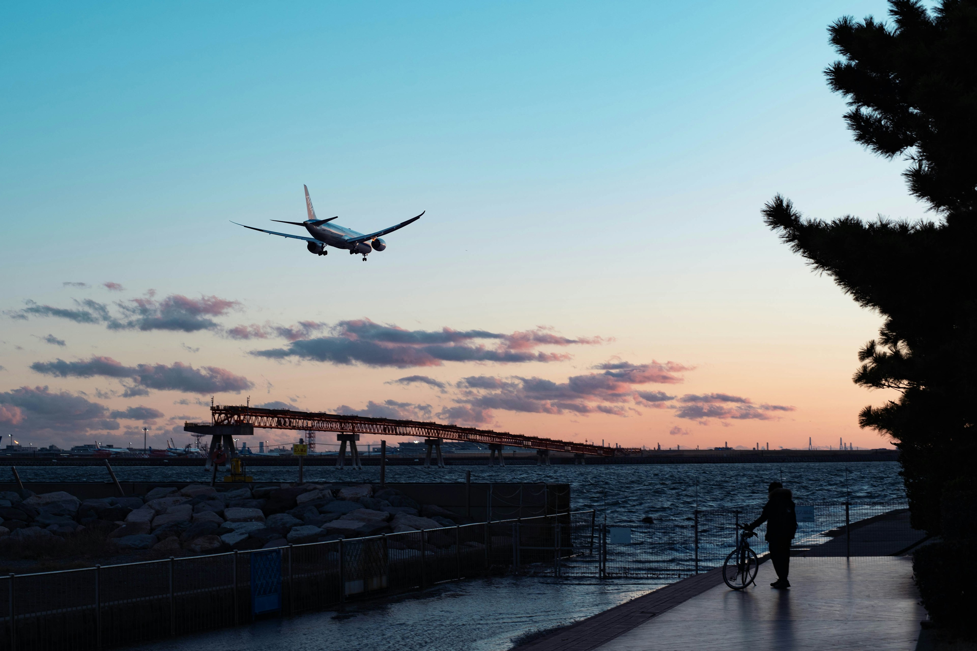 An airplane landing against a sunset sky with a person walking along the waterfront