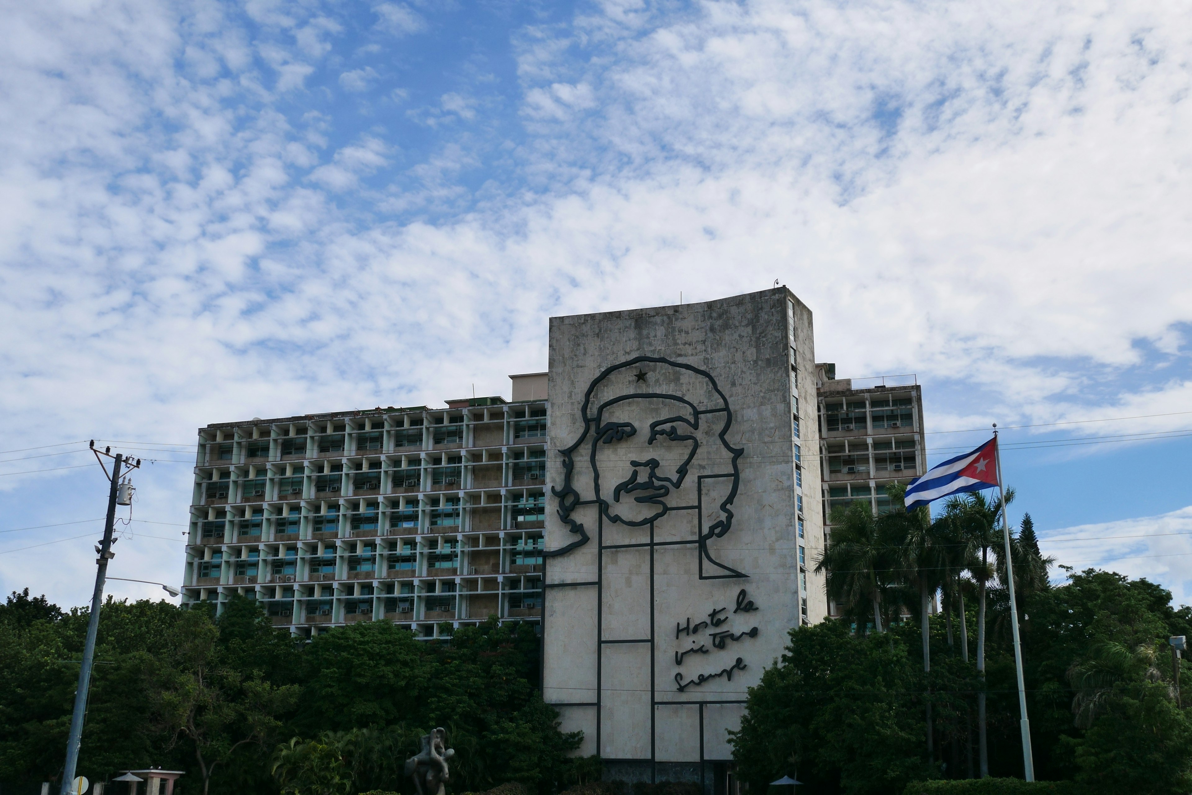 Large mural of Che Guevara on a building in Revolution Square Havana Cuba