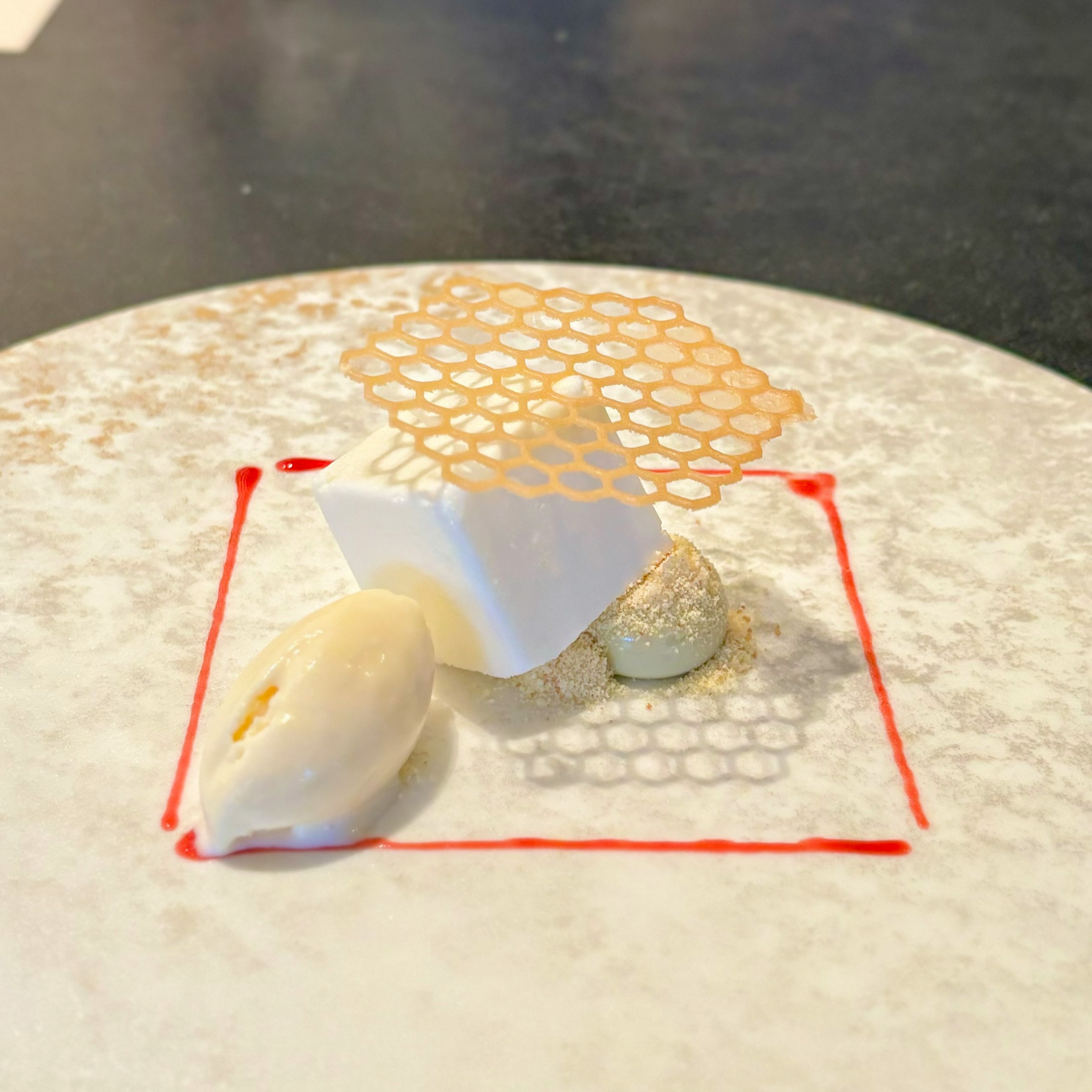 A white dessert on a plate with a honeycomb-shaped decoration on top