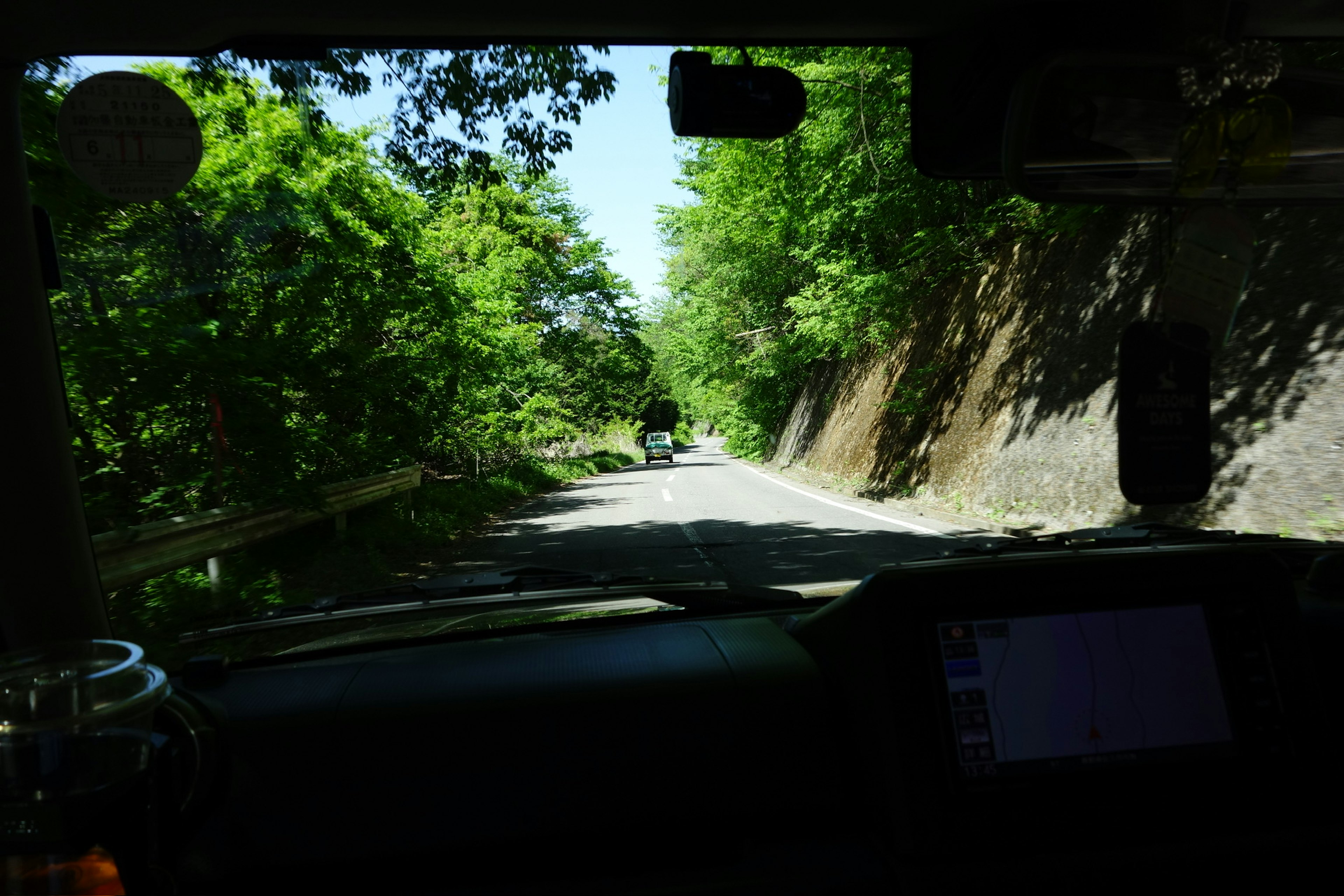 从车内看到的树木环绕的道路风景