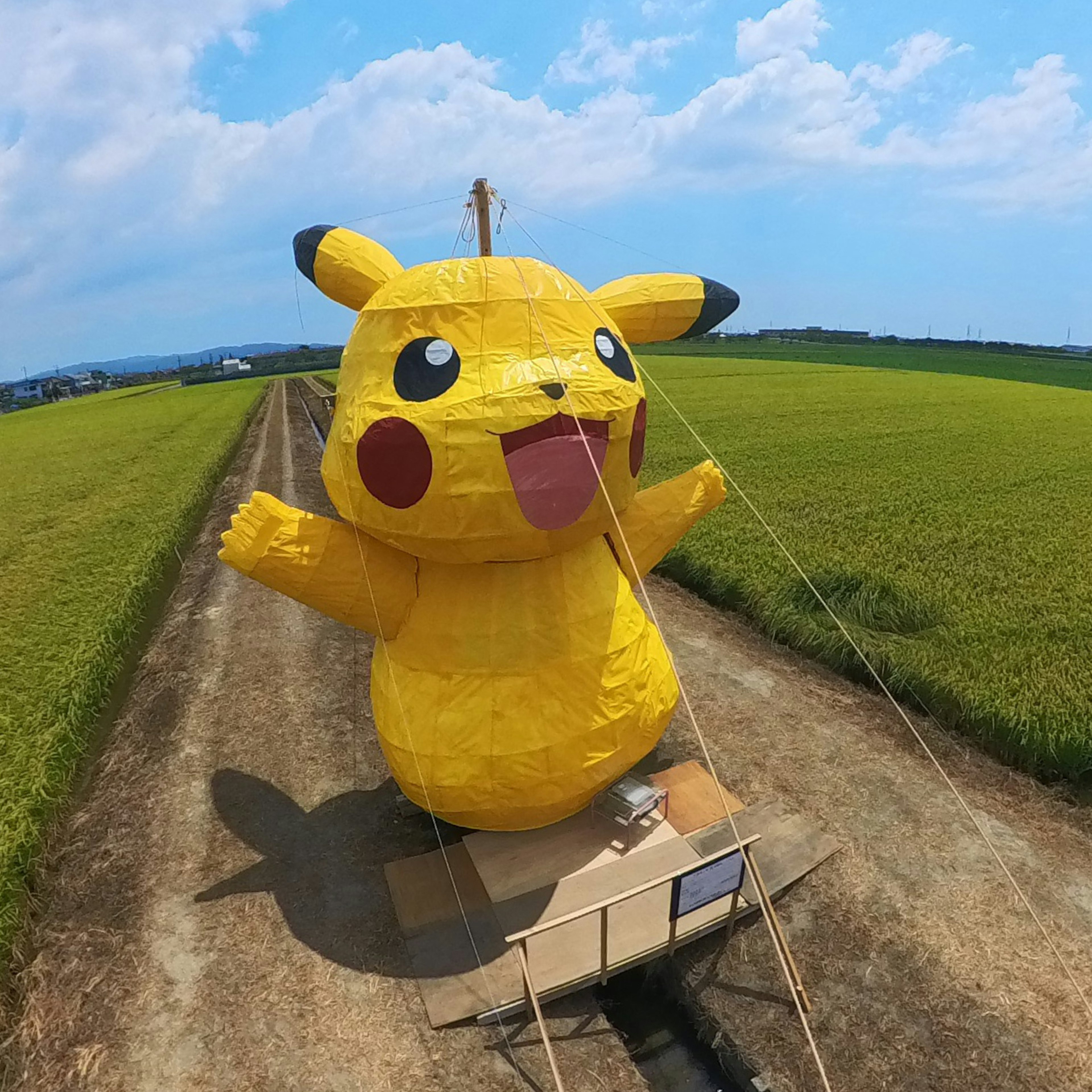 Balon Pikachu raksasa berdiri di ladang padi