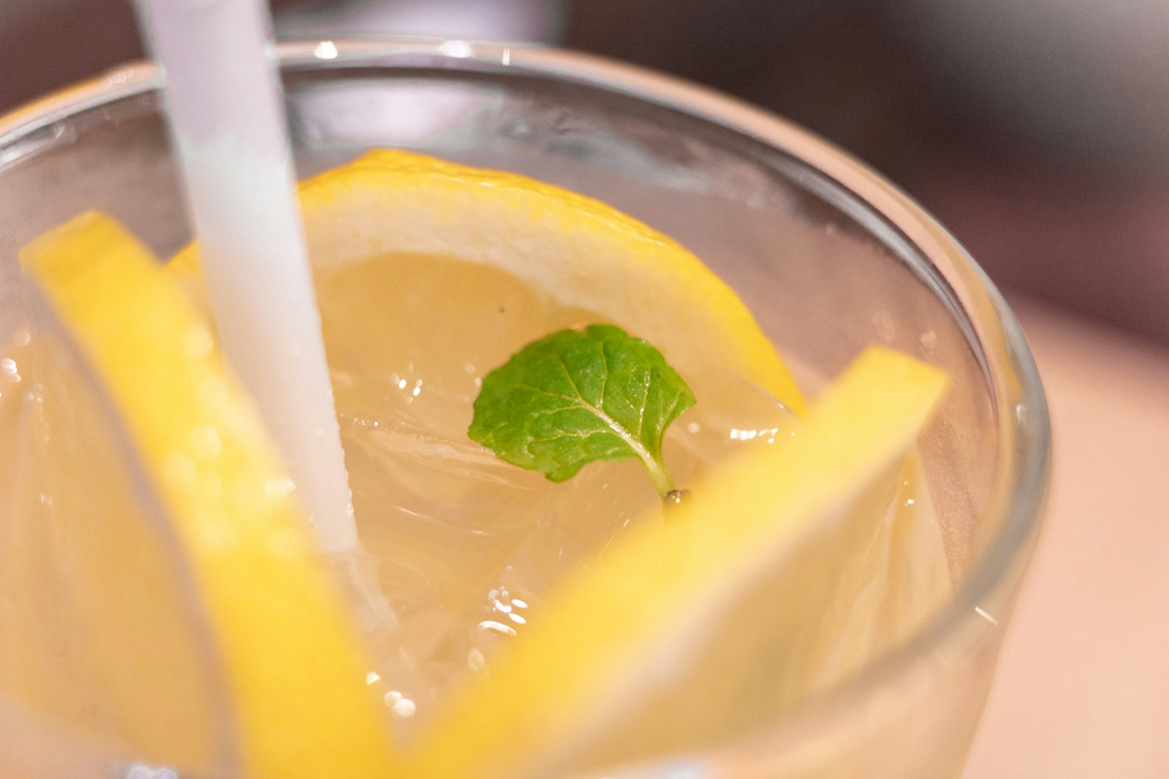 Close-up of a refreshing drink with lemon slices and a mint garnish