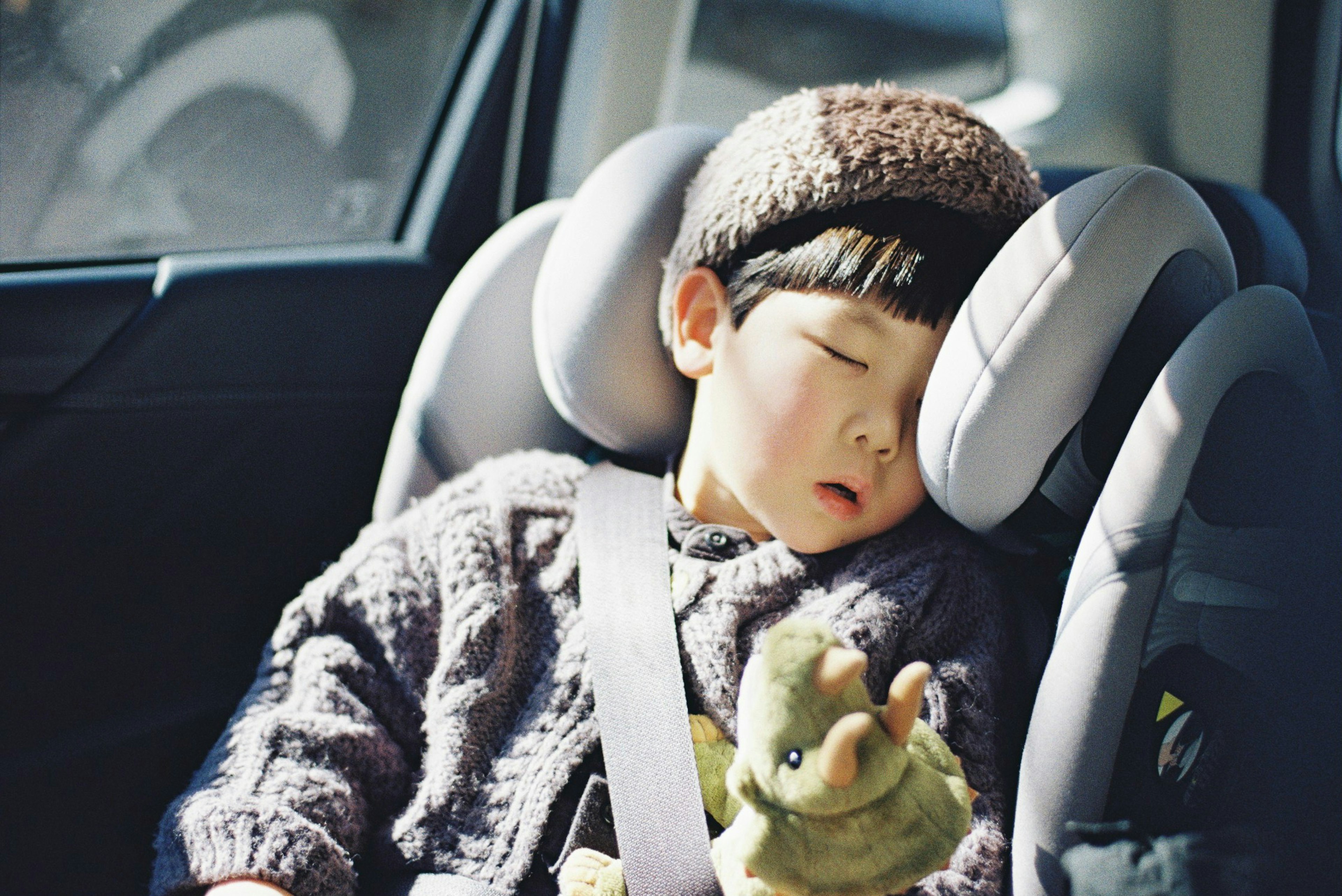 Child sleeping in a car seat holding a stuffed toy