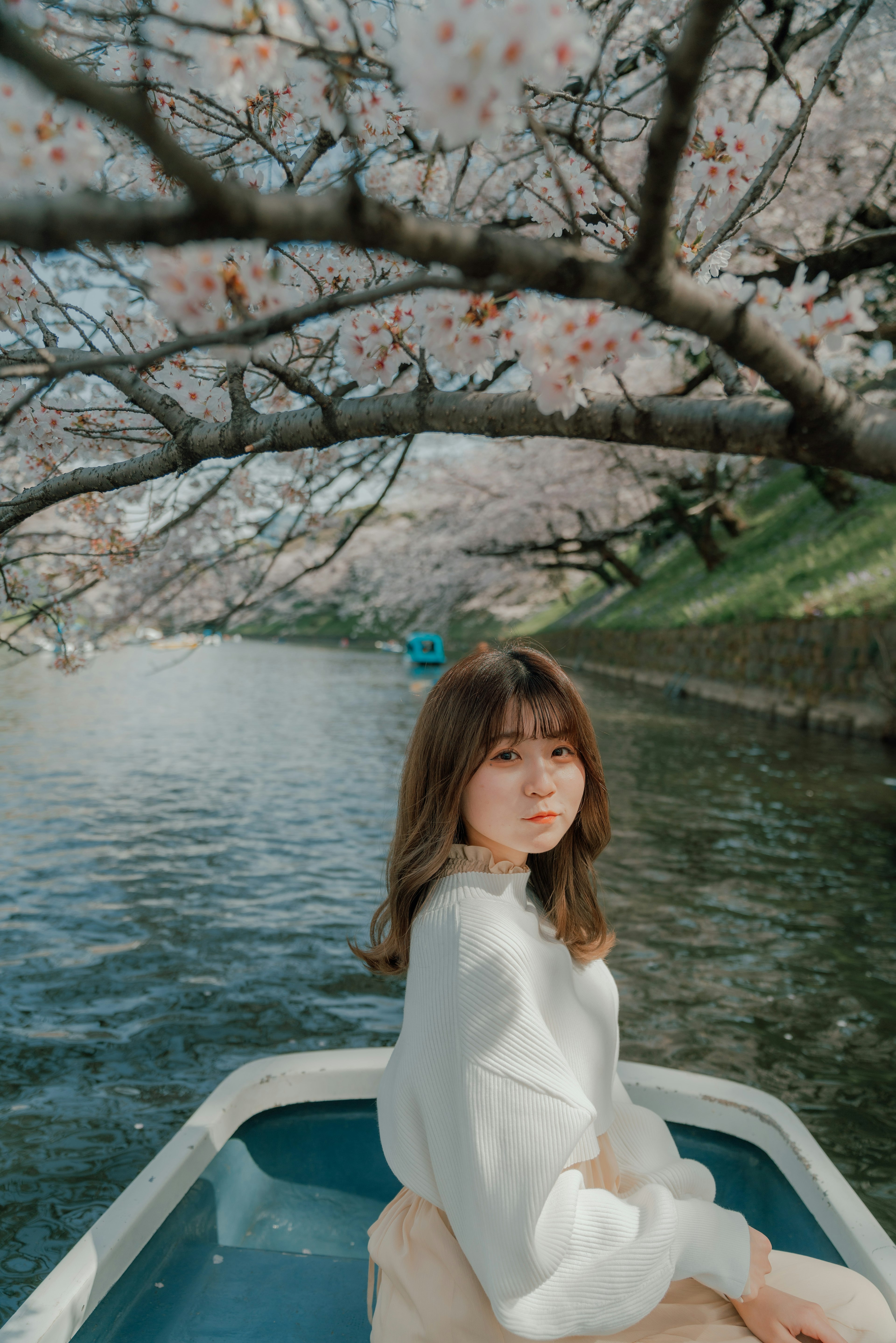 A woman sitting in a boat under cherry blossom trees