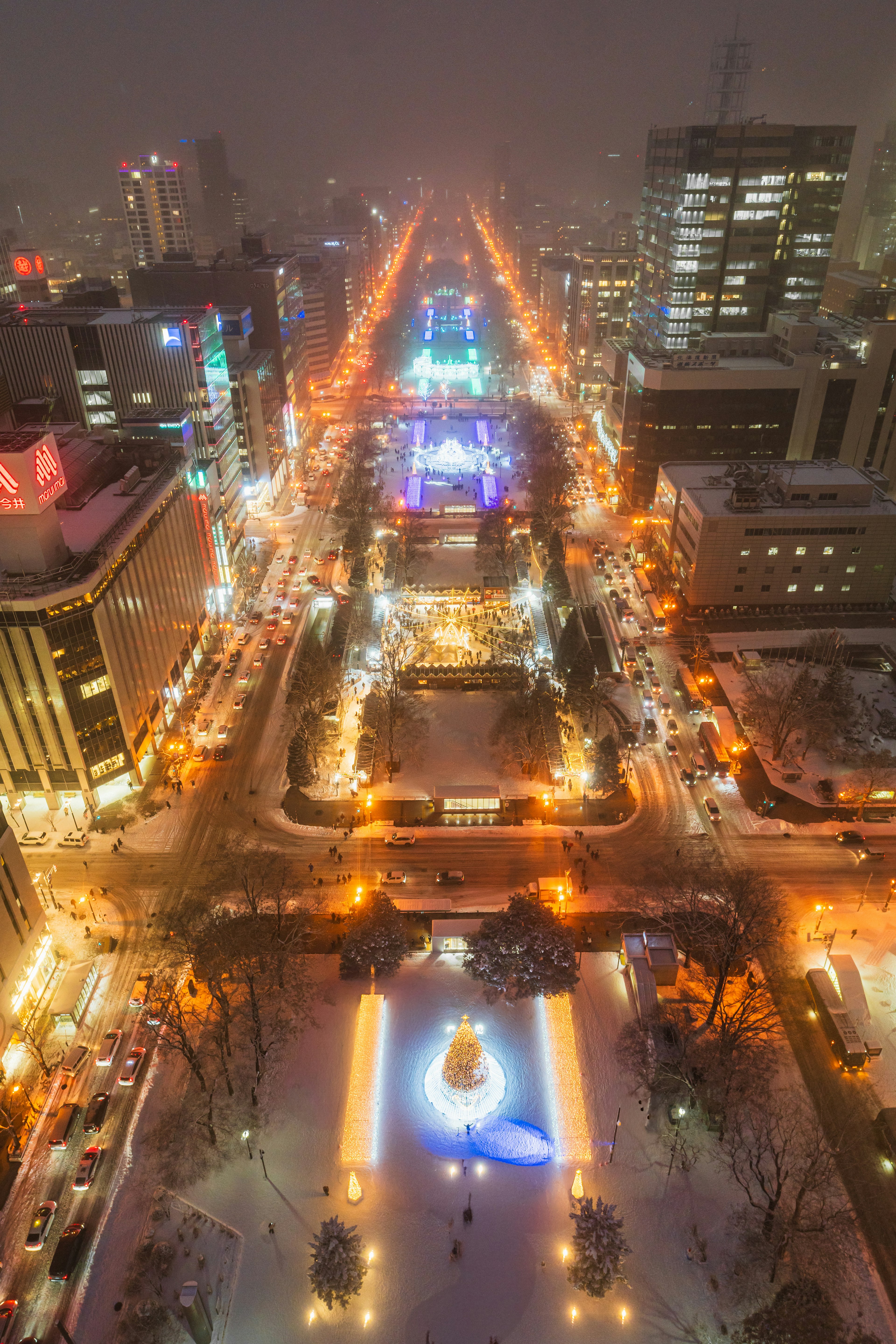 雪の降る夜の大通公園の夜景　青い噴水と街灯の明かりが美しく輝く