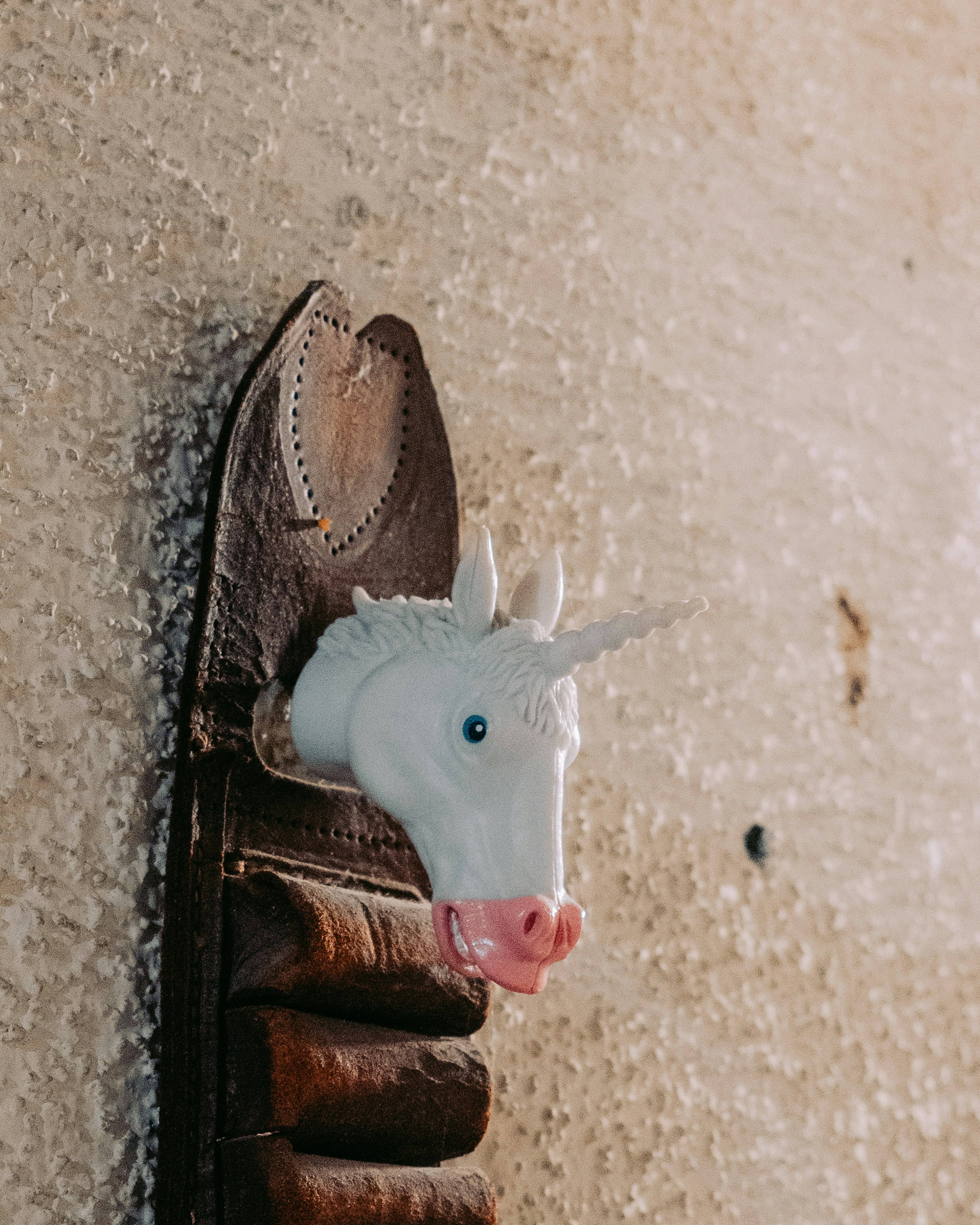 Testa di unicorno montata su un muro con base in pelle