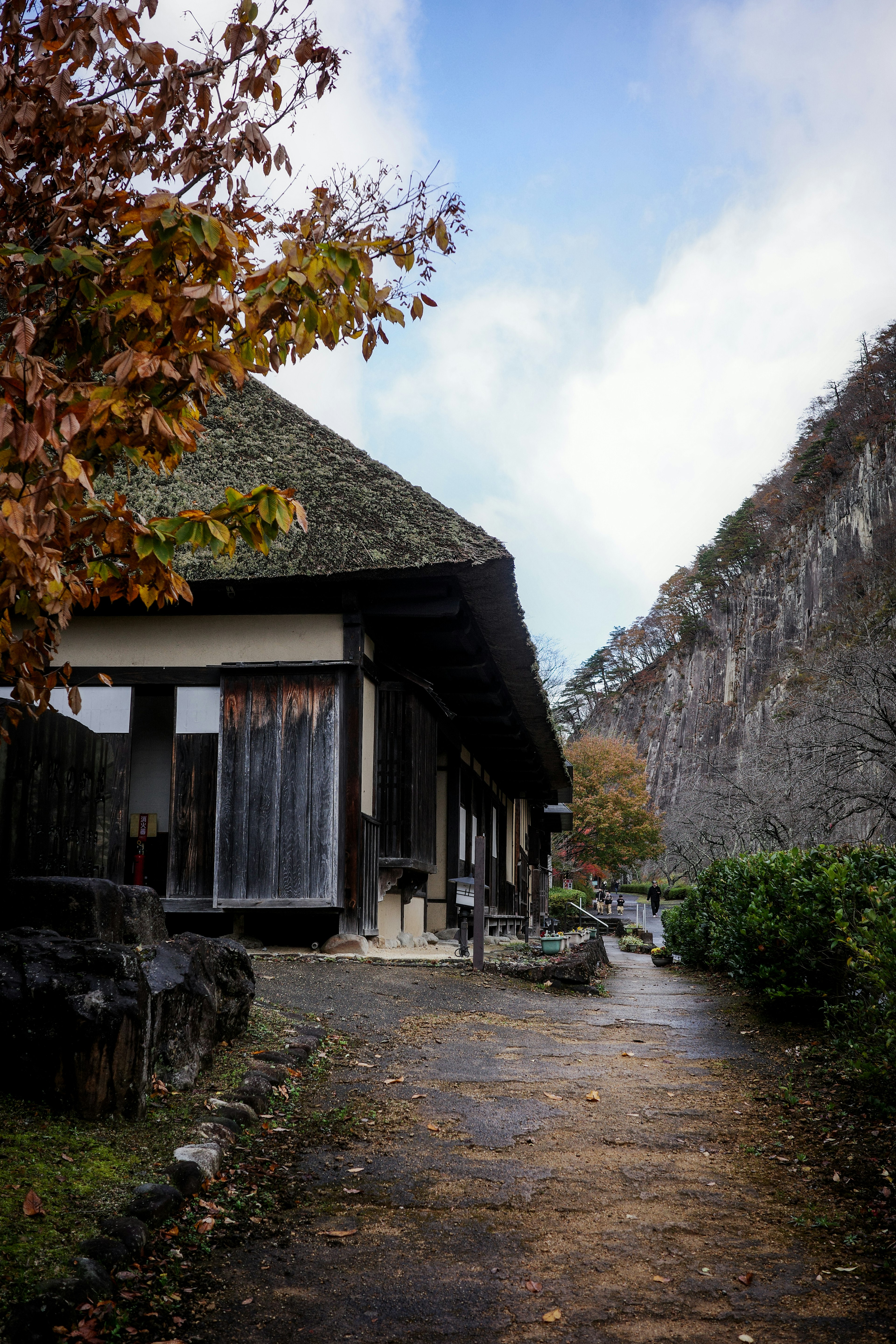 Una casa japonesa tradicional al lado de un camino con follaje de otoño