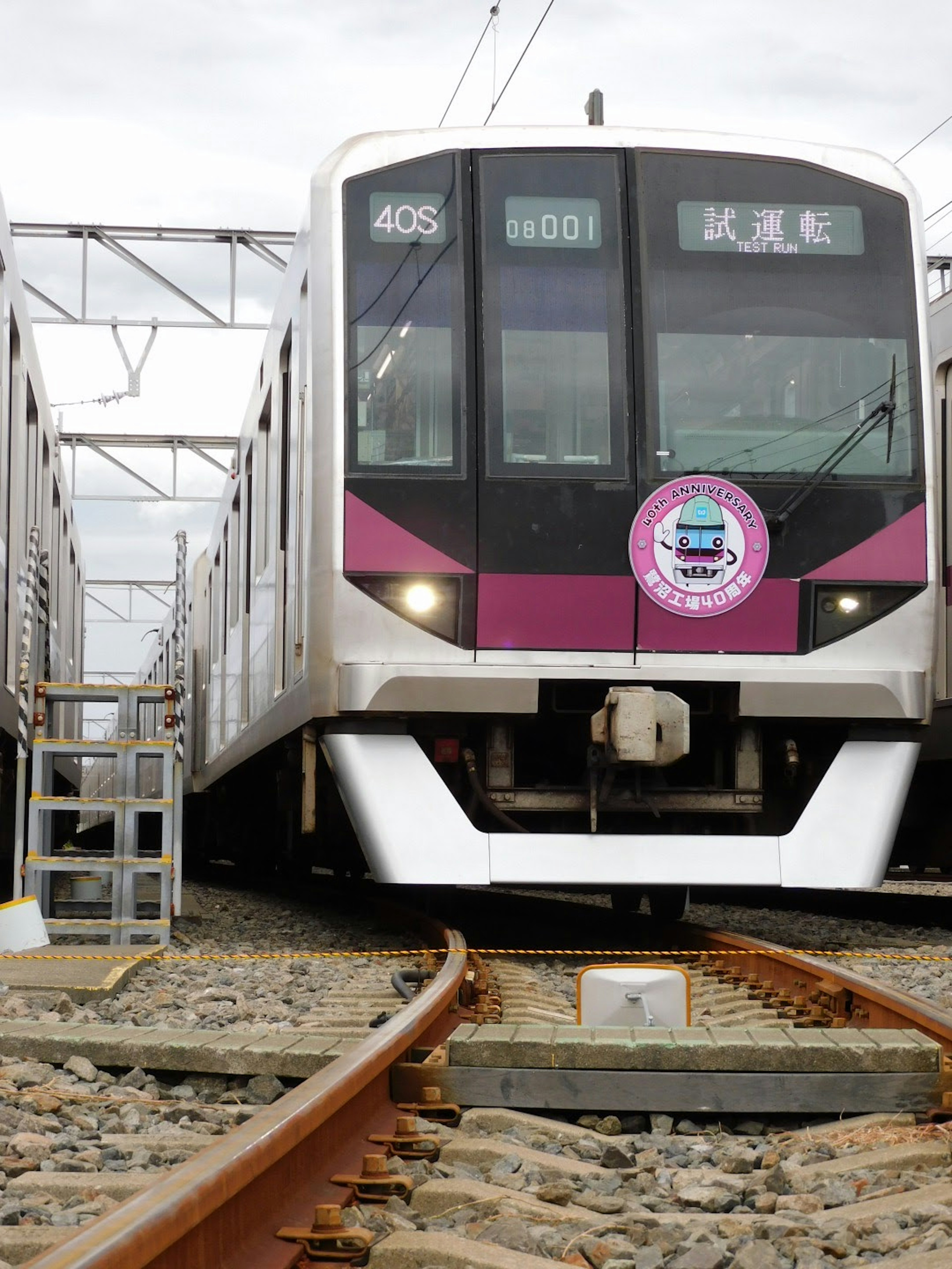 Train with purple design parked on railroad tracks