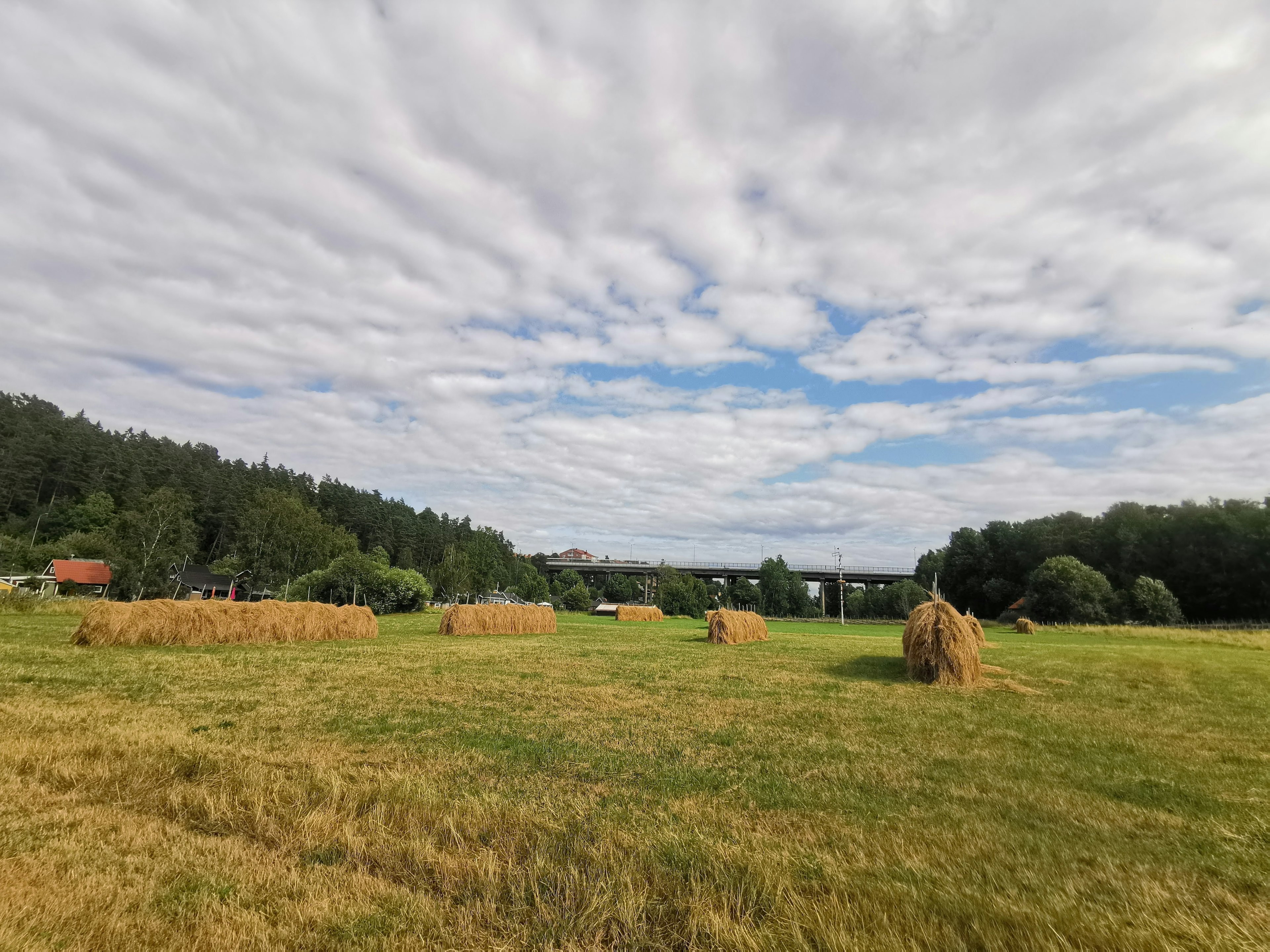 Landschaft mit Heuballen unter einem bewölkten Himmel und grünen Feldern