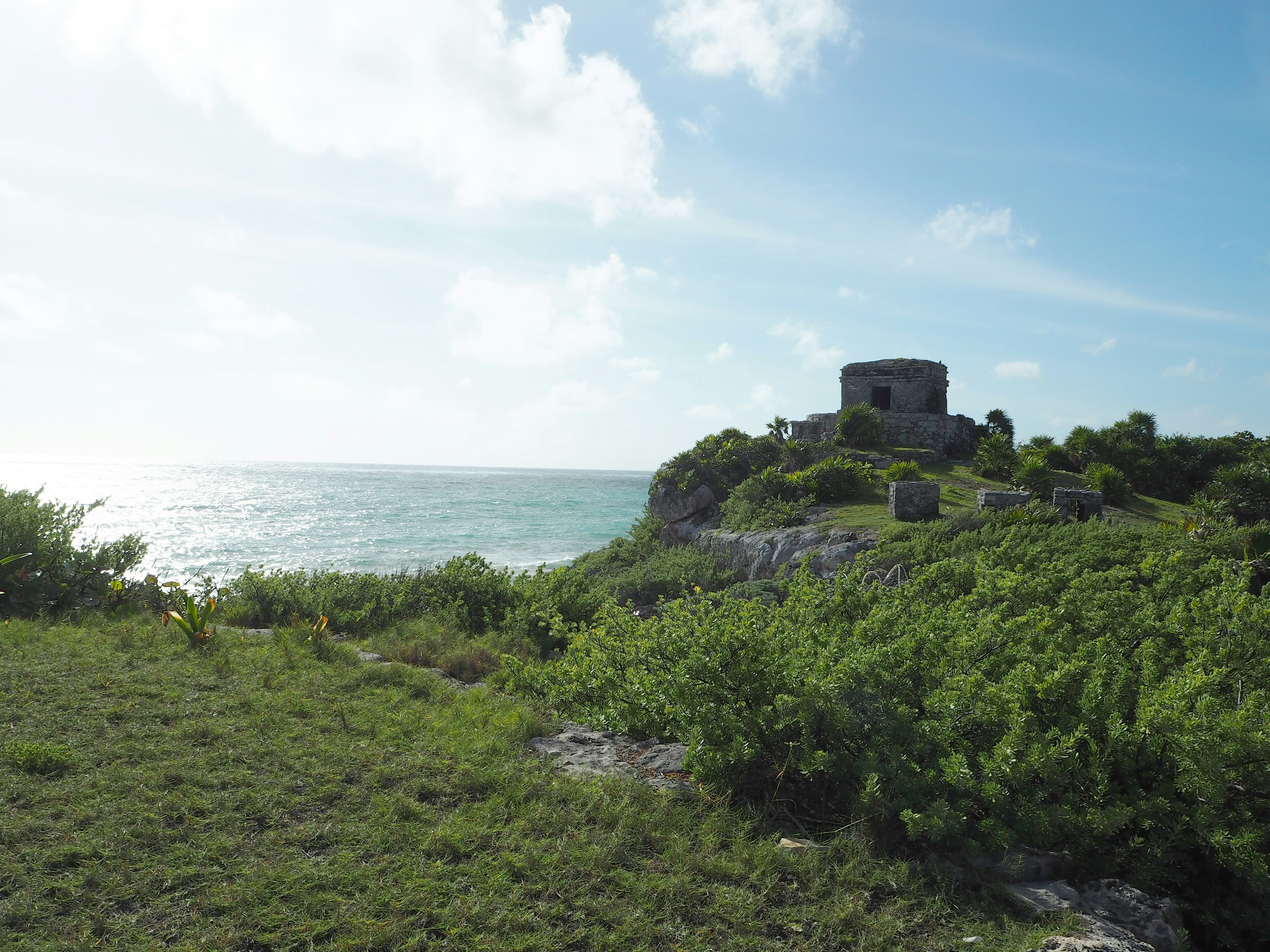 Paisaje con ruinas cerca del mar y vegetación exuberante