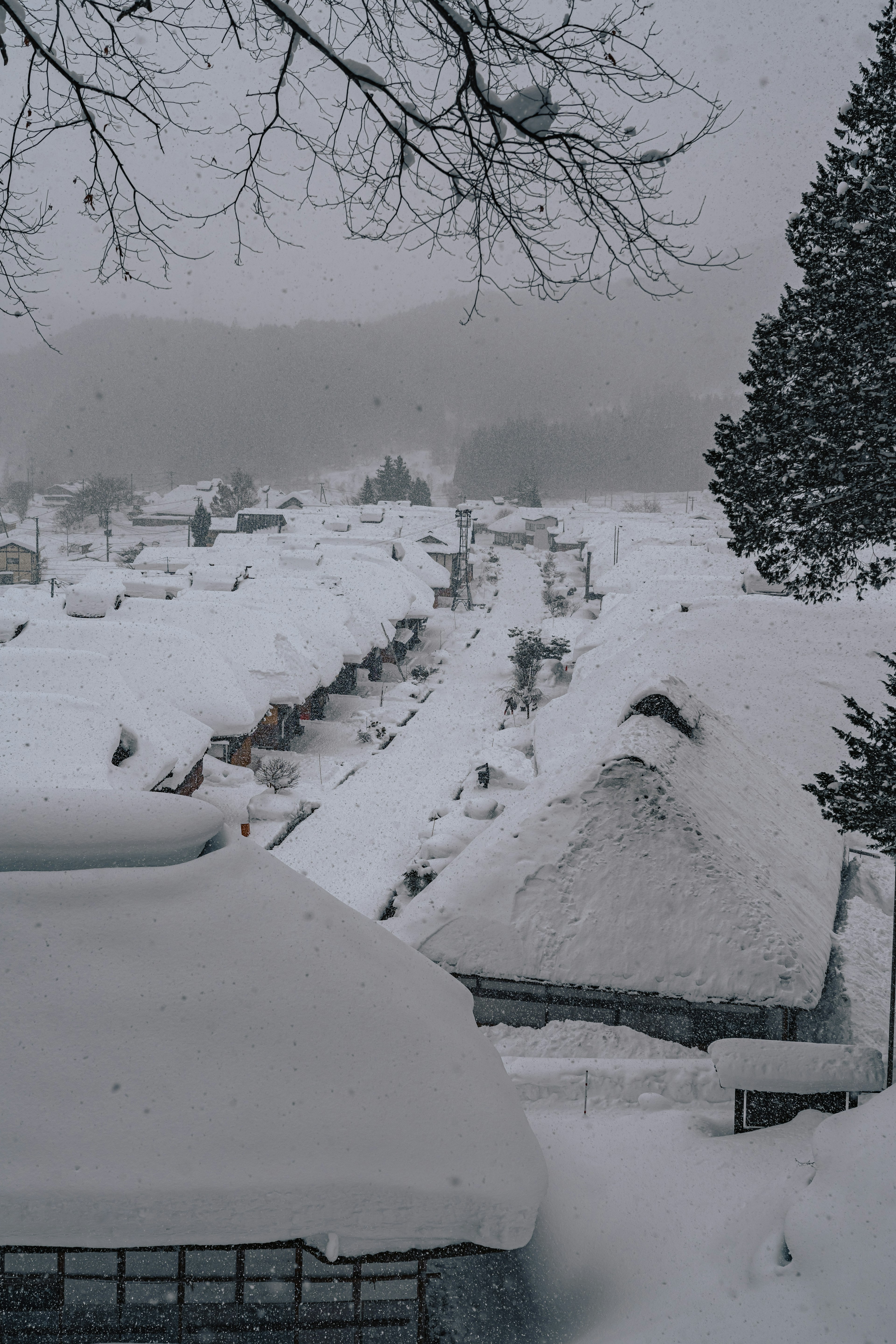 Snow-covered traditional houses with a serene winter landscape