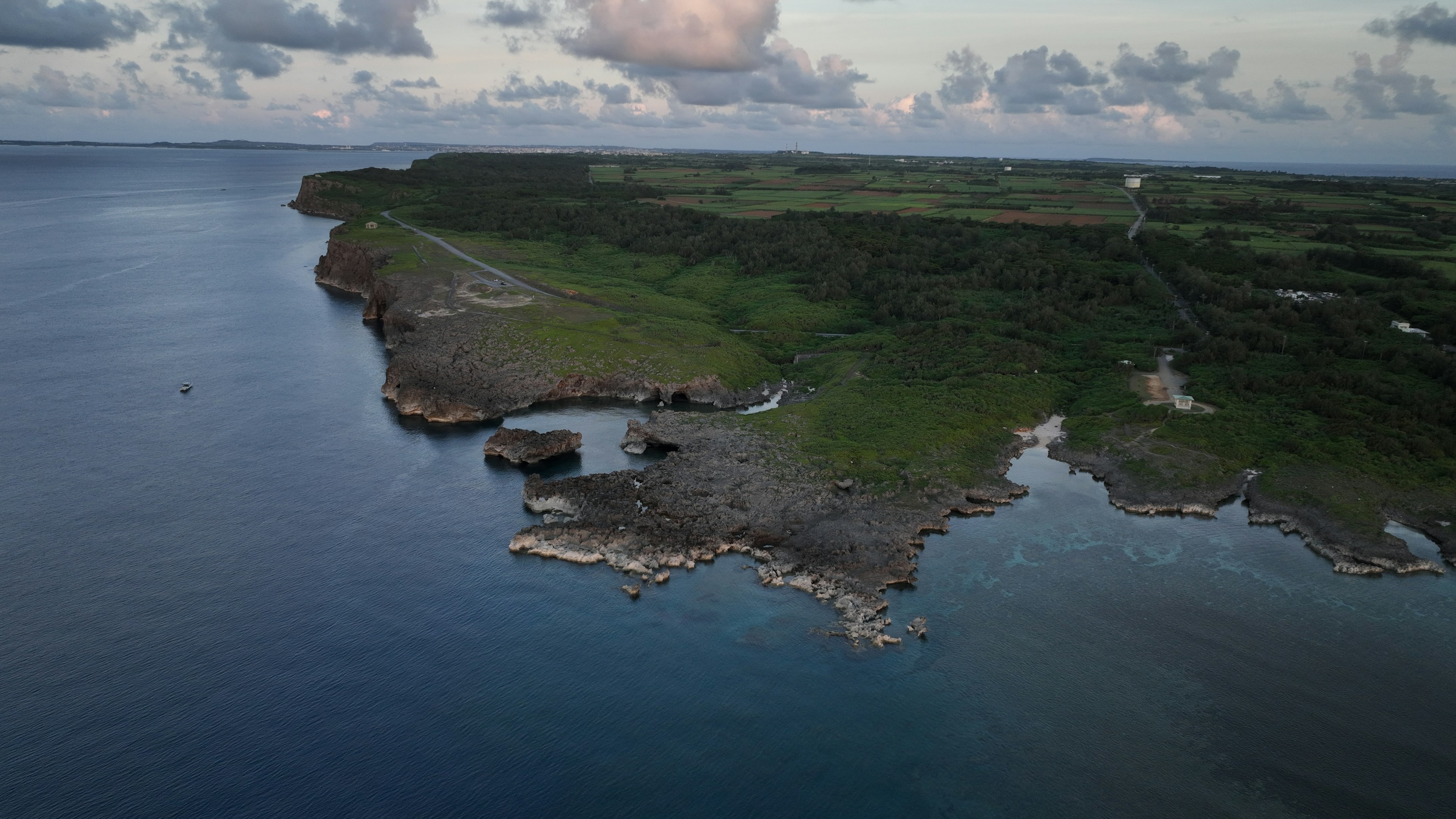 Aerial view of a coastal landscape featuring cliffs and greenery