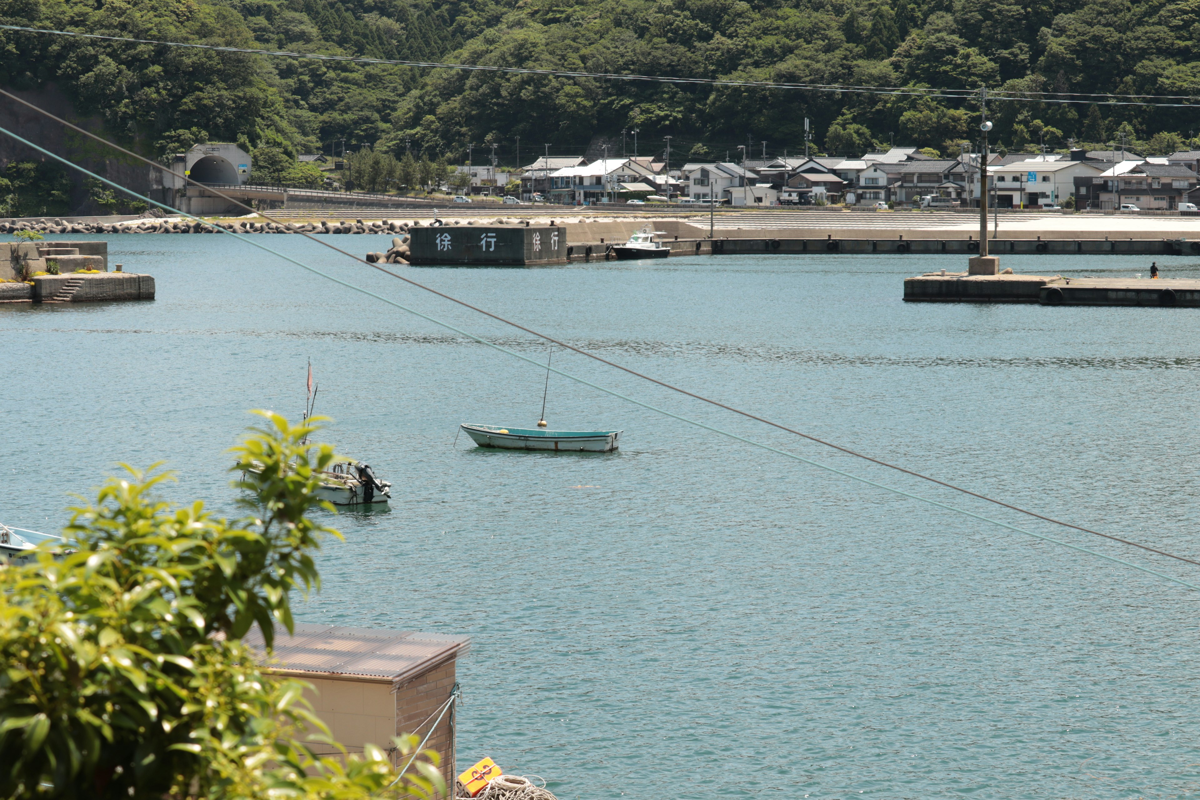 A small boat floating in a tranquil harbor with lush greenery in the background