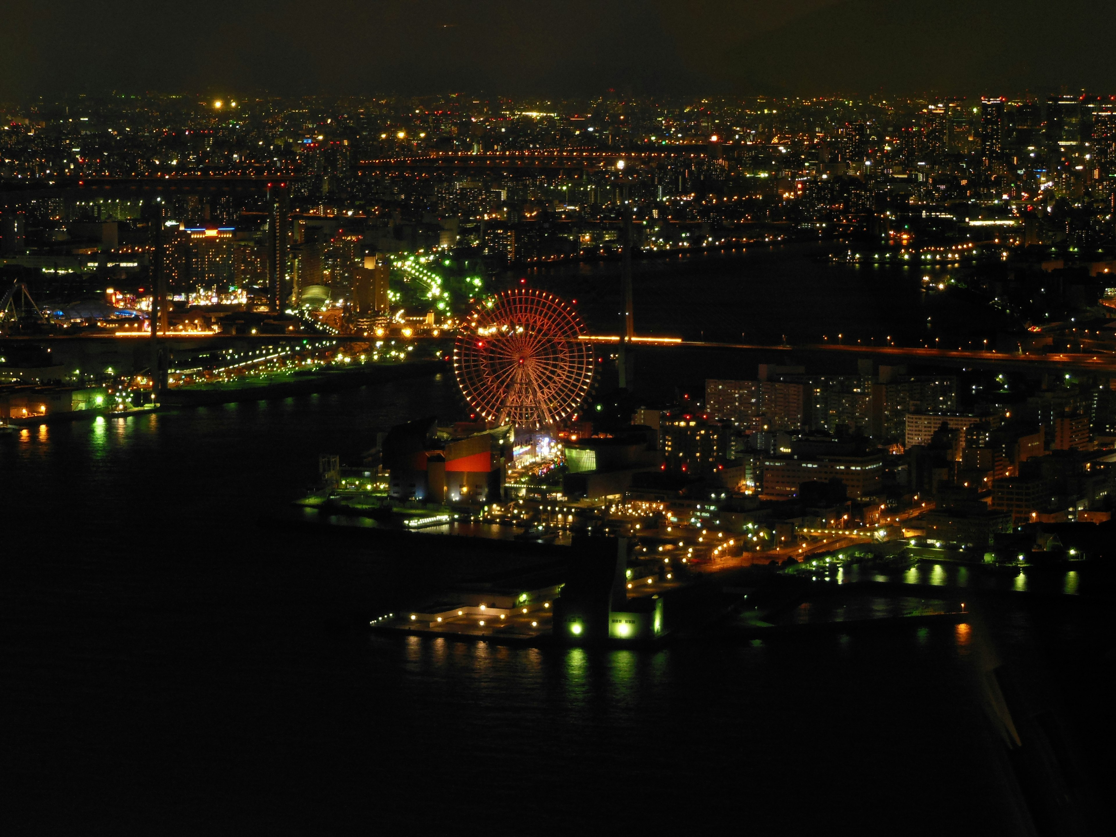 Una hermosa vista nocturna con una noria y luces de la ciudad