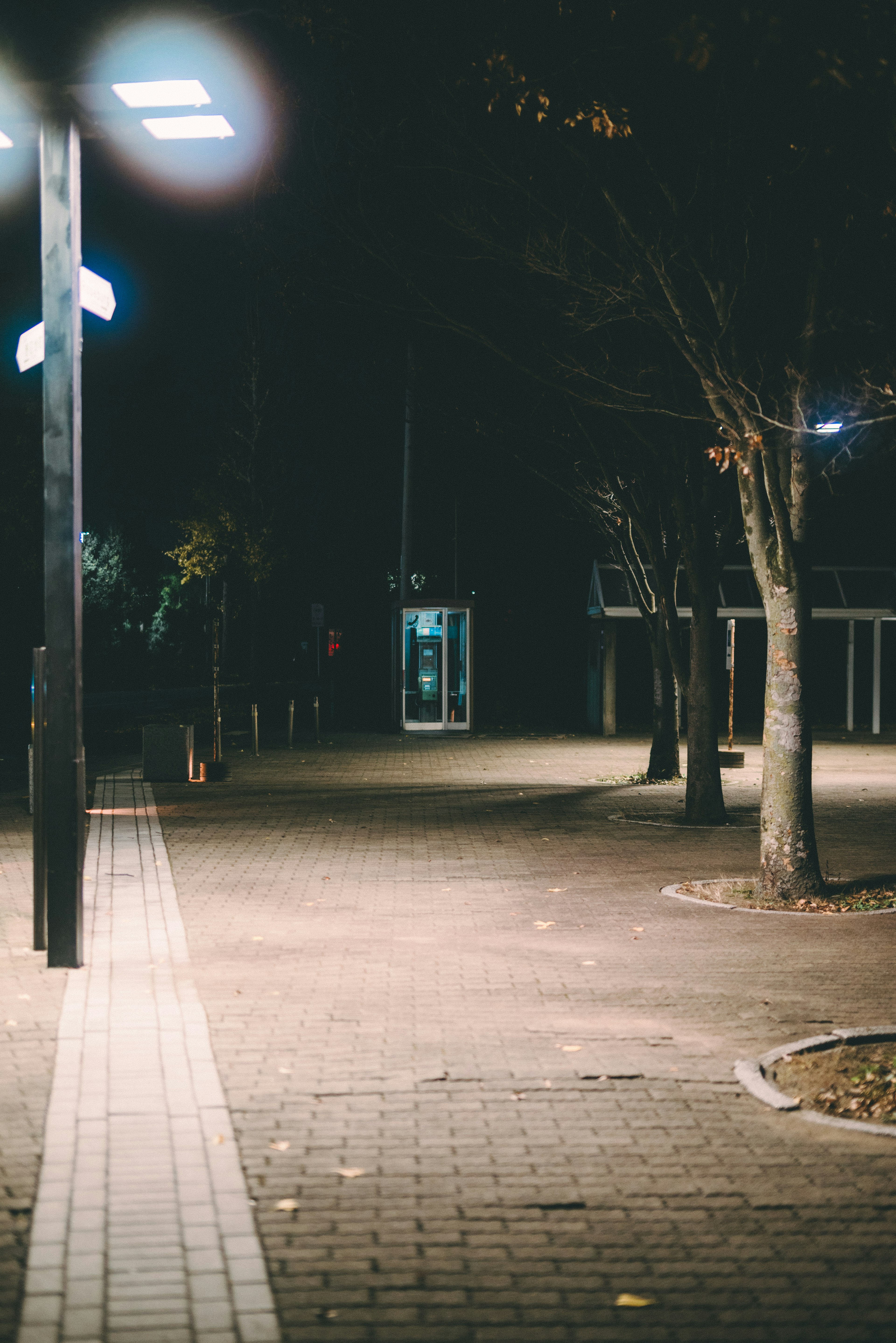 Paved path in a park at night featuring a phone booth and surrounding streetlights