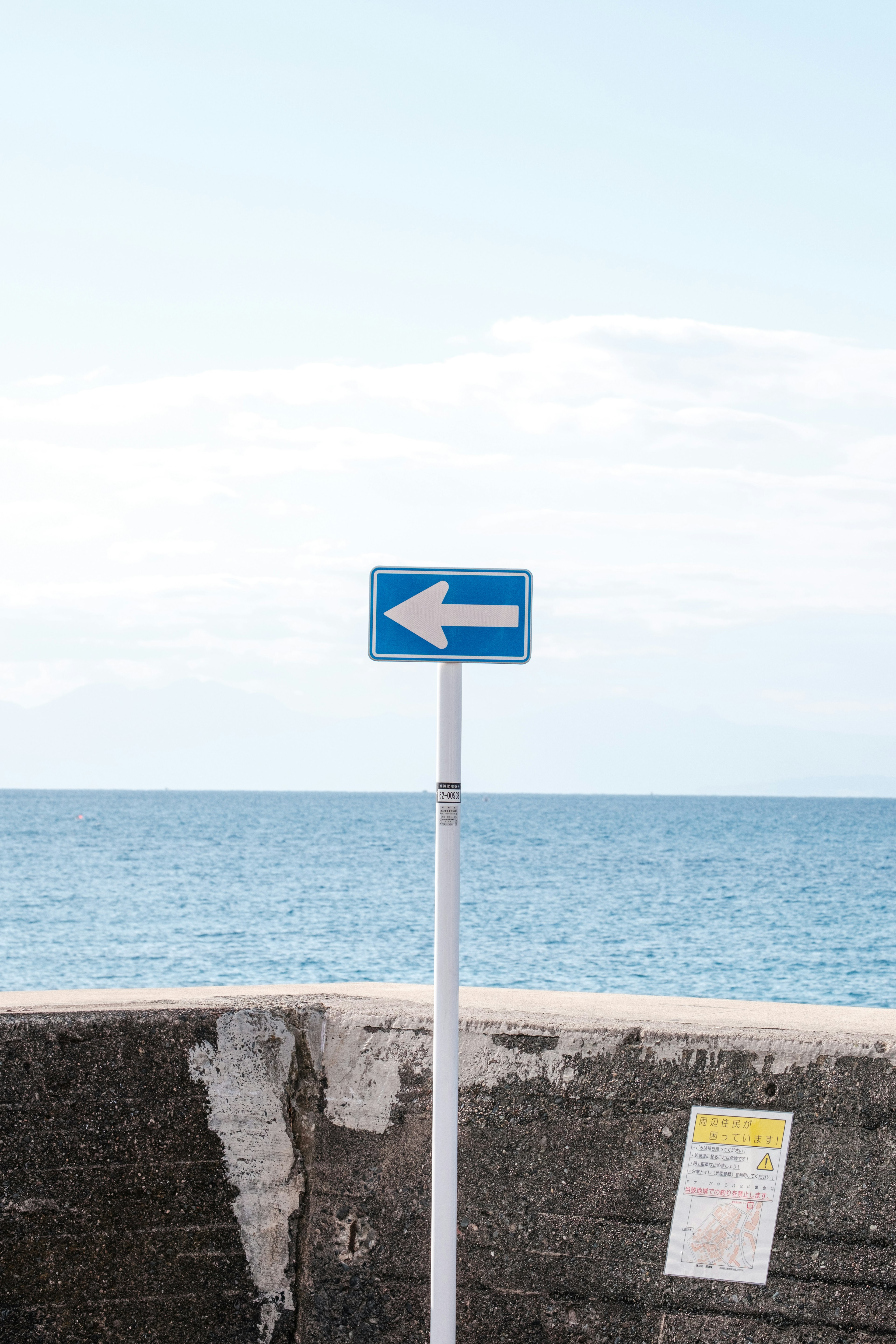 Blue directional sign with left arrow in front of the sea