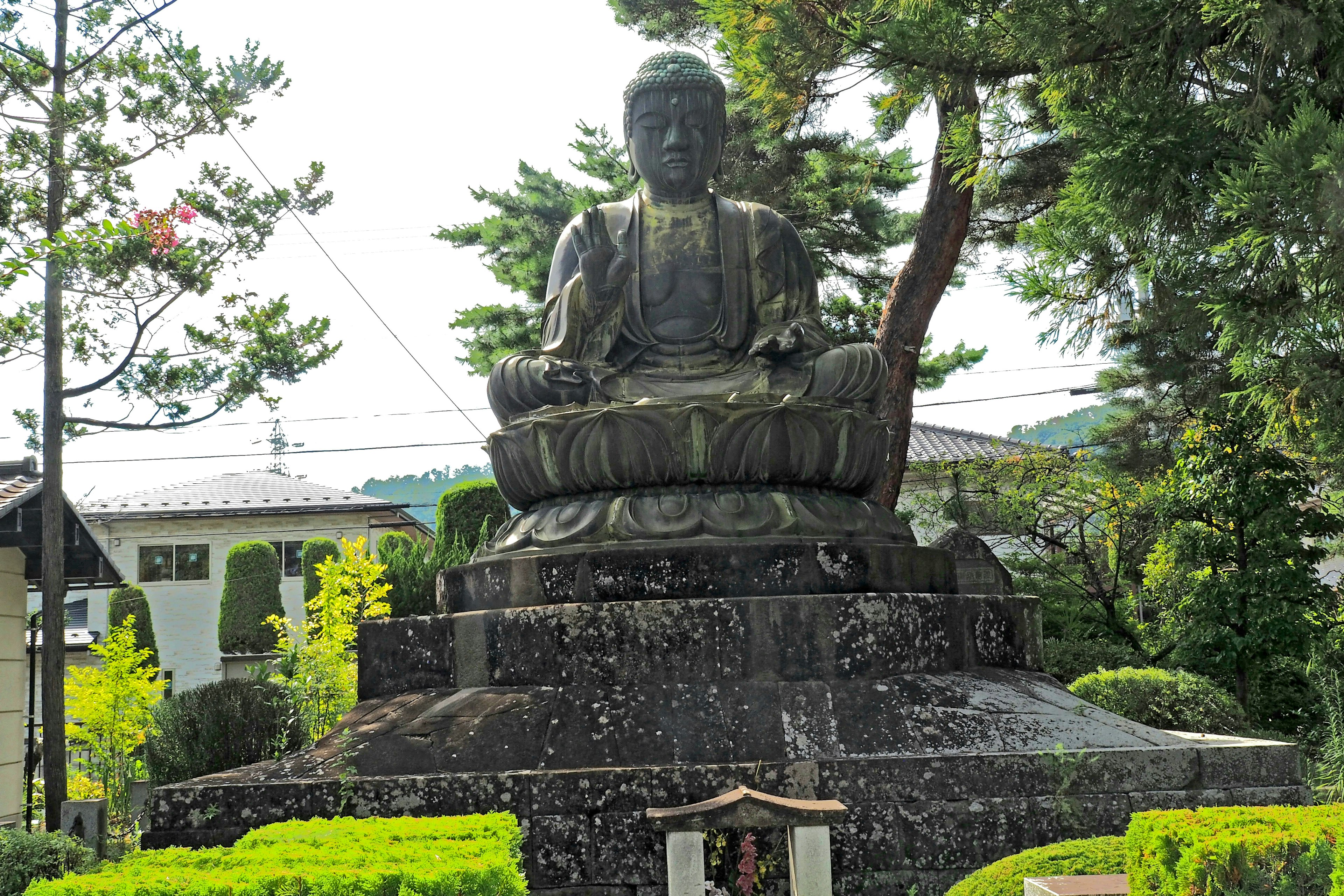 Patung Buddha besar yang duduk di taman tenang dikelilingi oleh pepohonan hijau