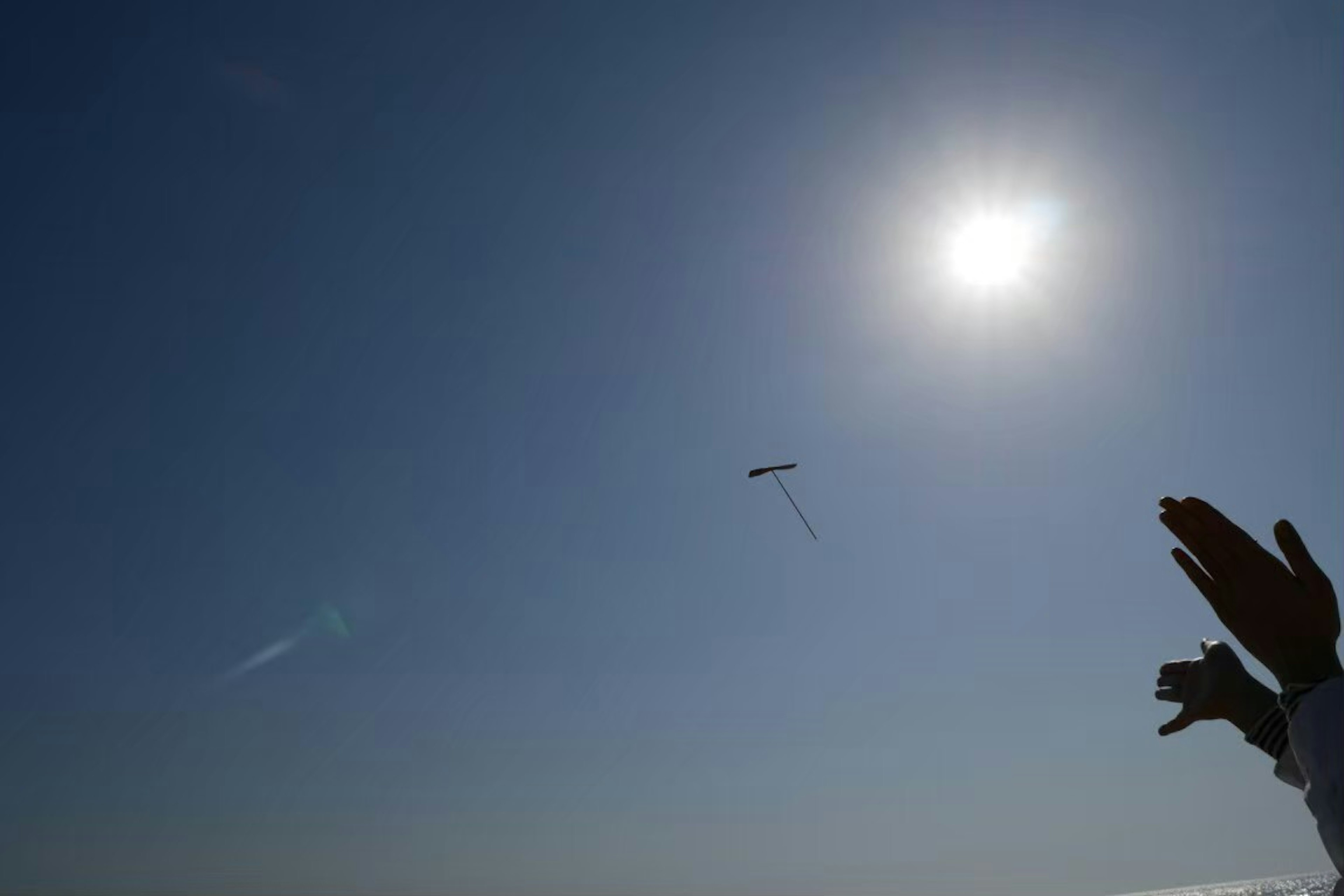 Una persona levantando las manos bajo un cielo azul con un sol brillante y una cometa volando