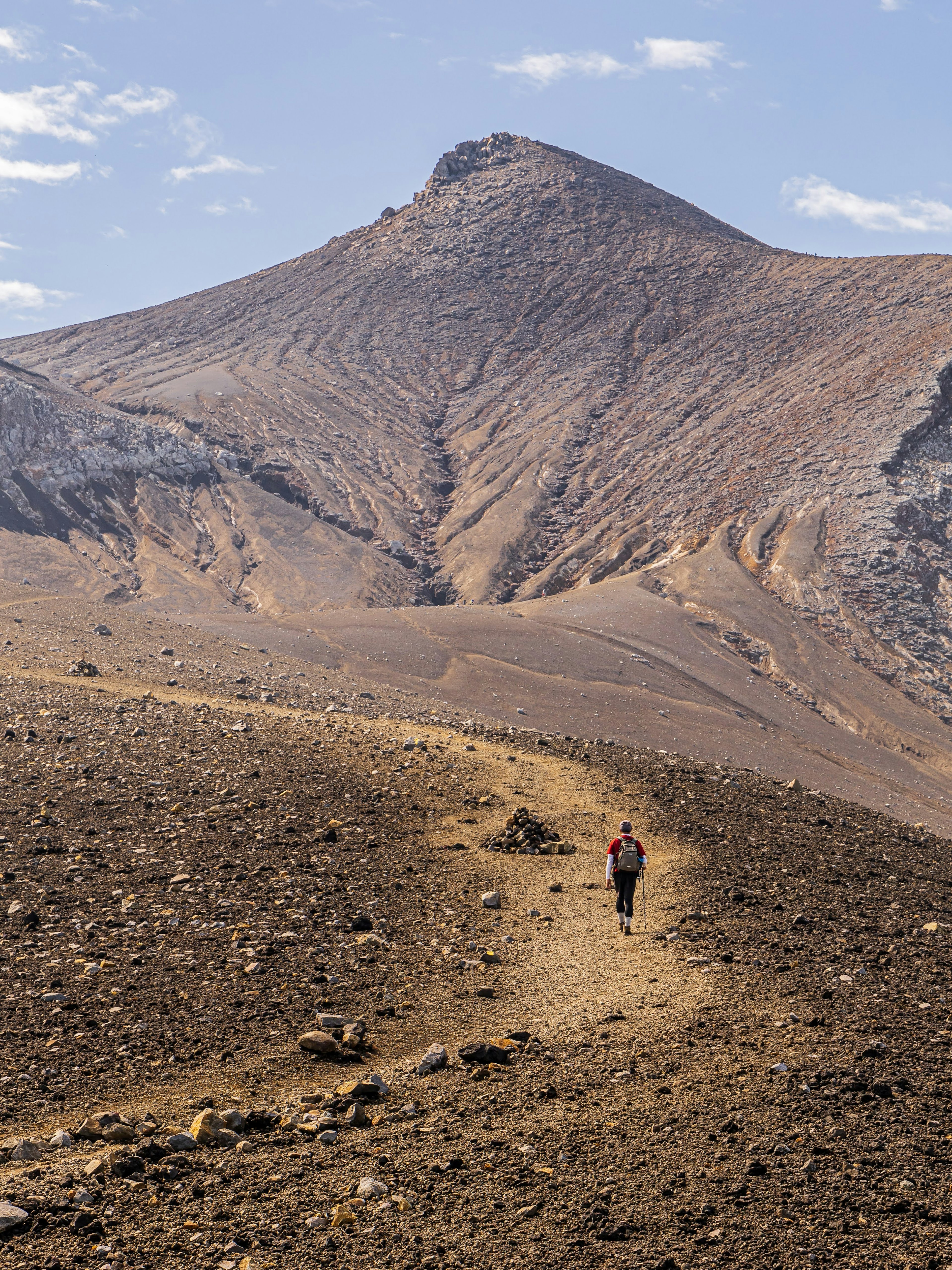 Wanderer, der auf unwegsamem Gelände mit einem Berg im Hintergrund geht