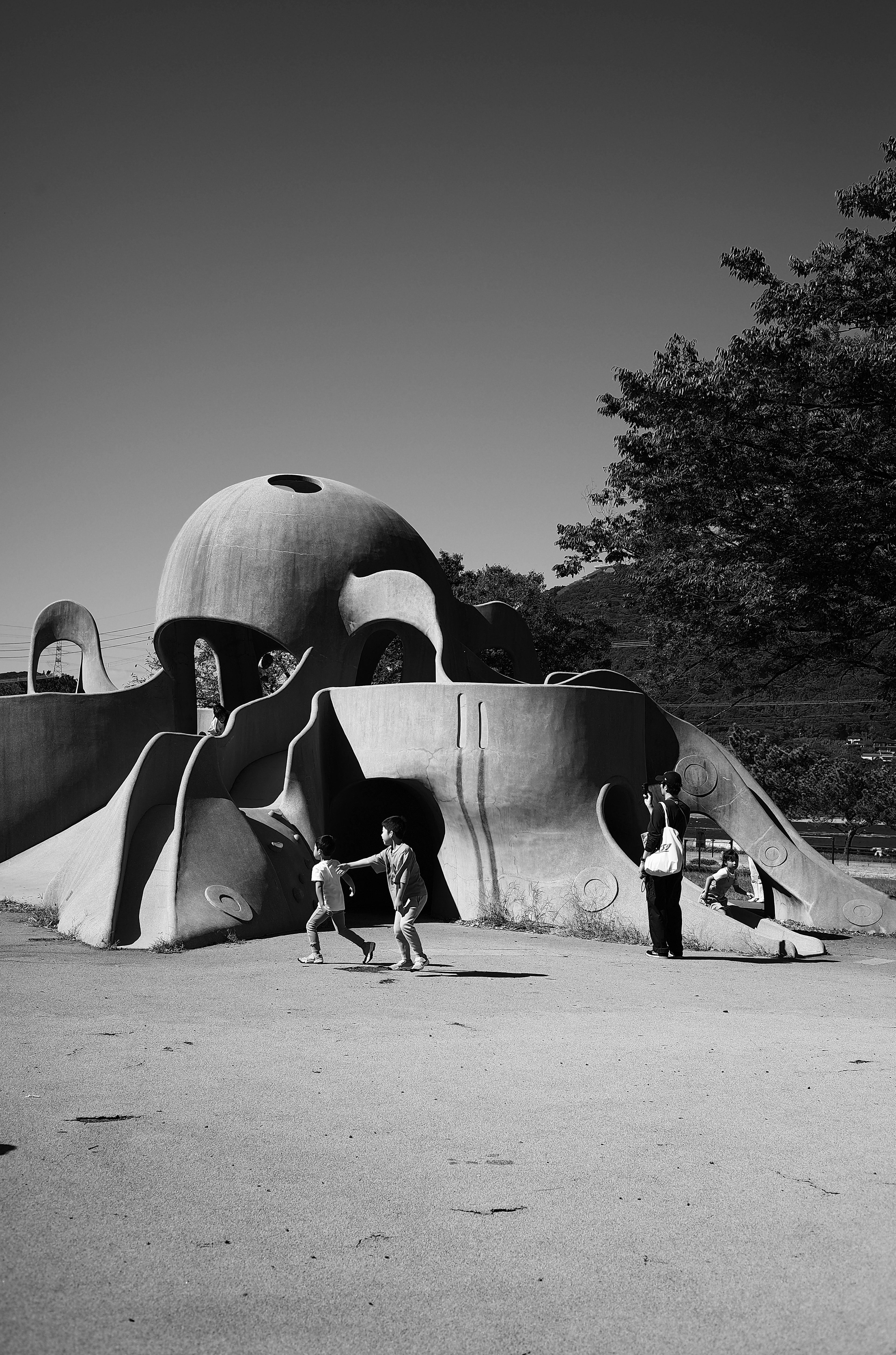 Enfants jouant dans un parc de jeux noir et blanc avec une structure aux formes uniques